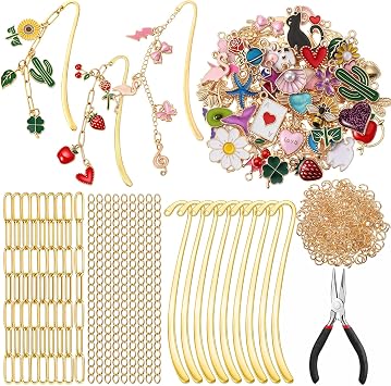 Tudomro 250 Pcs Metal Bookmarks Making Kit, DIY Metal Bar Bookmark Kit, DIY Craft Supplies with Charms, Jump Rings, Chains and Tools, Jewelry Making for Custom Bookmark Crafts Cute
