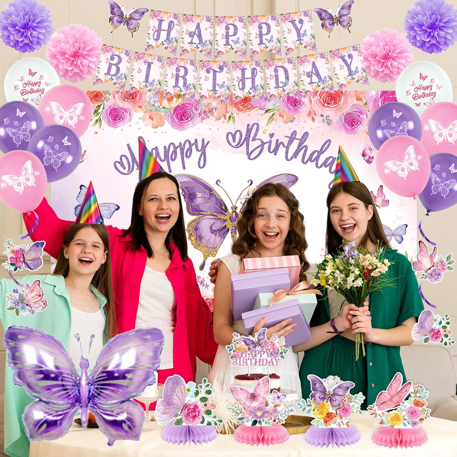 Roetyce Butterfly Decorations, 37PCS Happy Birthday Banner Balloons Honeycomb Centerpieces Cake Topper Kit, Purple and Pink Party Decorations - Image 5