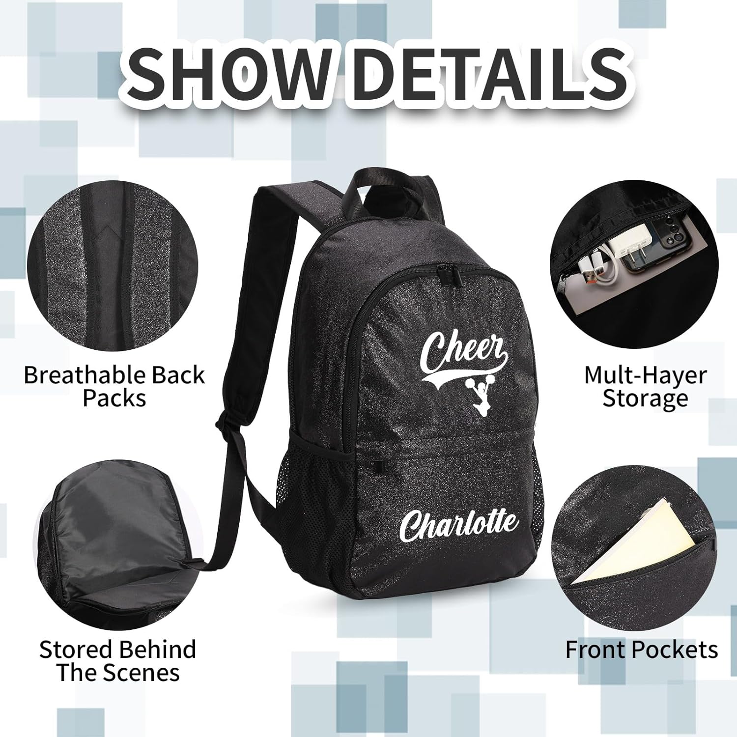 Custom Glitter Cheer Bag Backpack for Cheerleader Personalized Embroidered Name Cheer Sequins Backpack Bag, Cheer Coach - Image 5