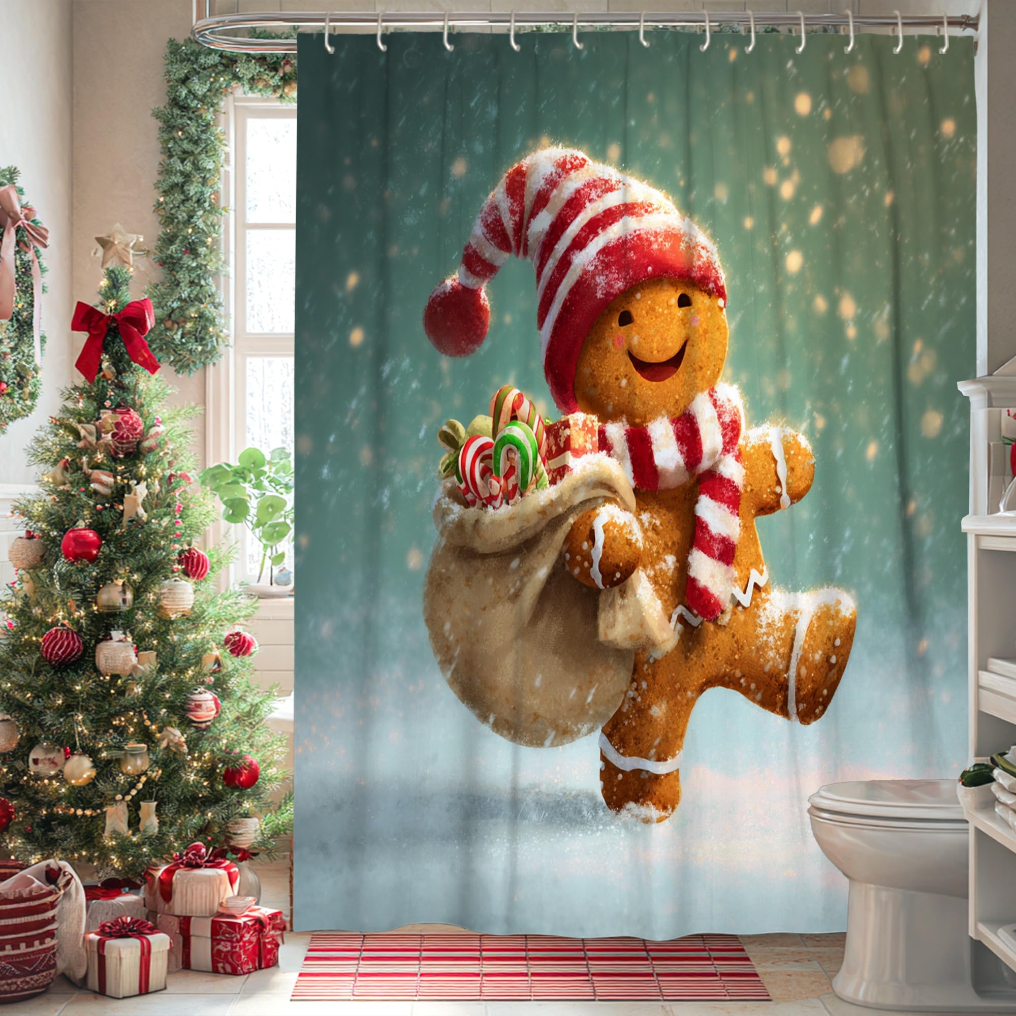 Rideau de douche Noël avec bonhomme pain d'épices en tissu pour réveillonner en douceur