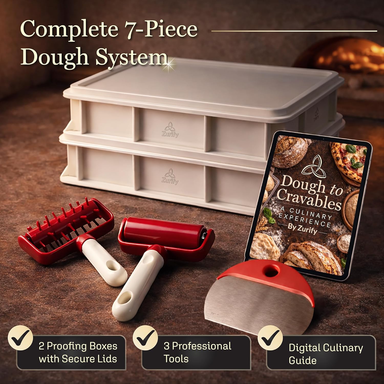 Zurify® Pizza Dough Proofing Box Set with Lids, Stackable Proofing Containers for Cold Fermentation, 7-Piece Pizza Kit with Roller, Docker & Scraper + Culinary Guide