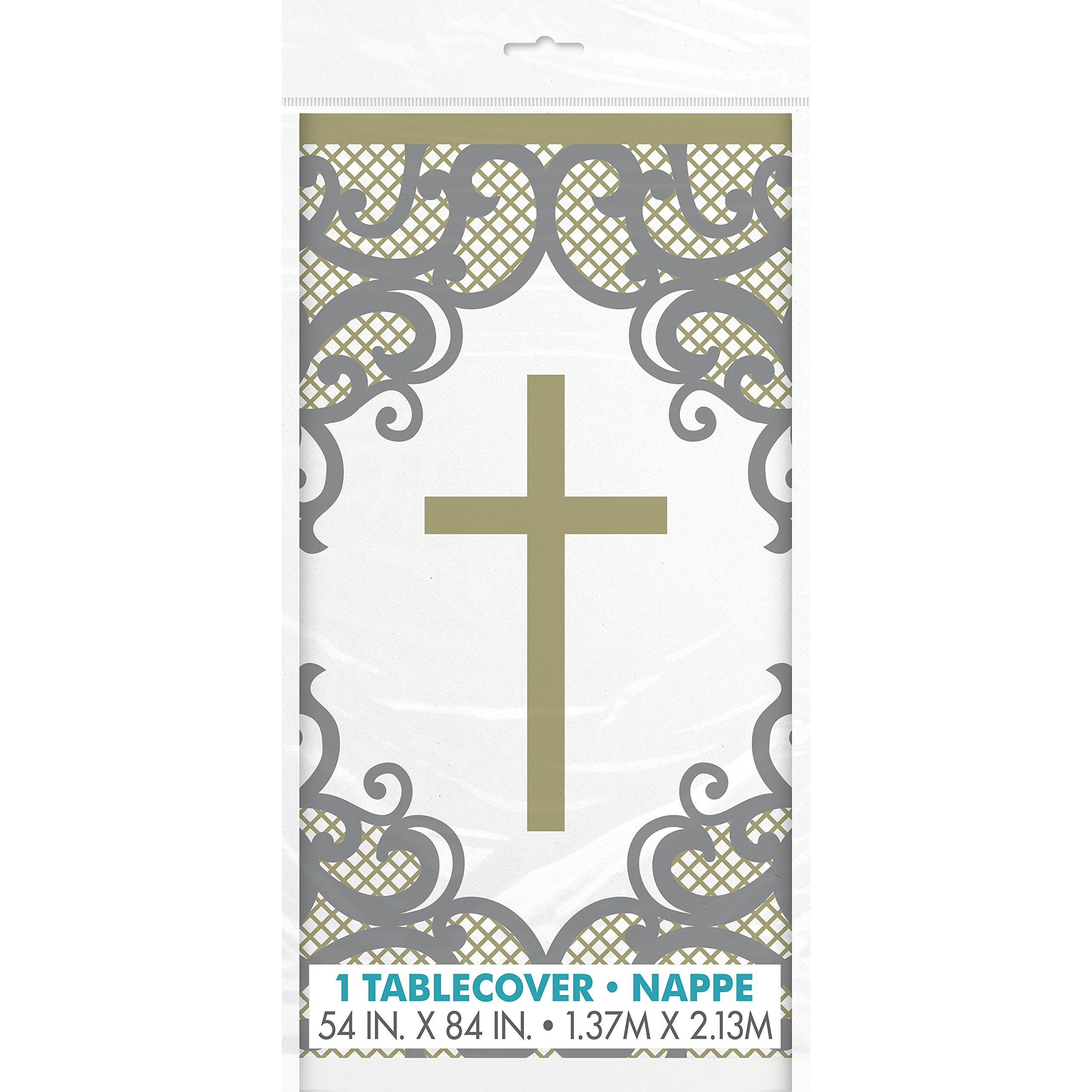 Fancy Gold Cross Rectangular Plastic Table Cover (137cm x 213cm) - Perfect for Parties, Events & Celebrations - 1-Pack