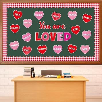 You are Loved Valentines Day Bulletin Board Decorations Valentines Day Classroom Bulletin Border Red Heart Cutouts with Motivational Positive Sayings for Valentines Party Supplies School Office Decor