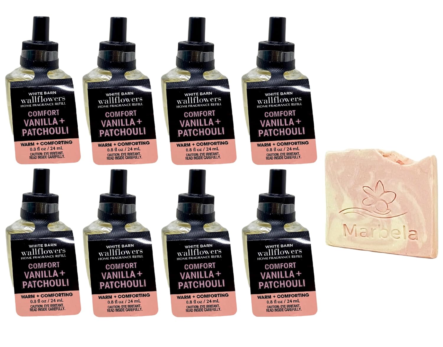 Bath & Body Works Comfort Vanilla Patchouli 8 Pack Wallflowers Fragrance with a Himalayan Salts Springs Sample Soap