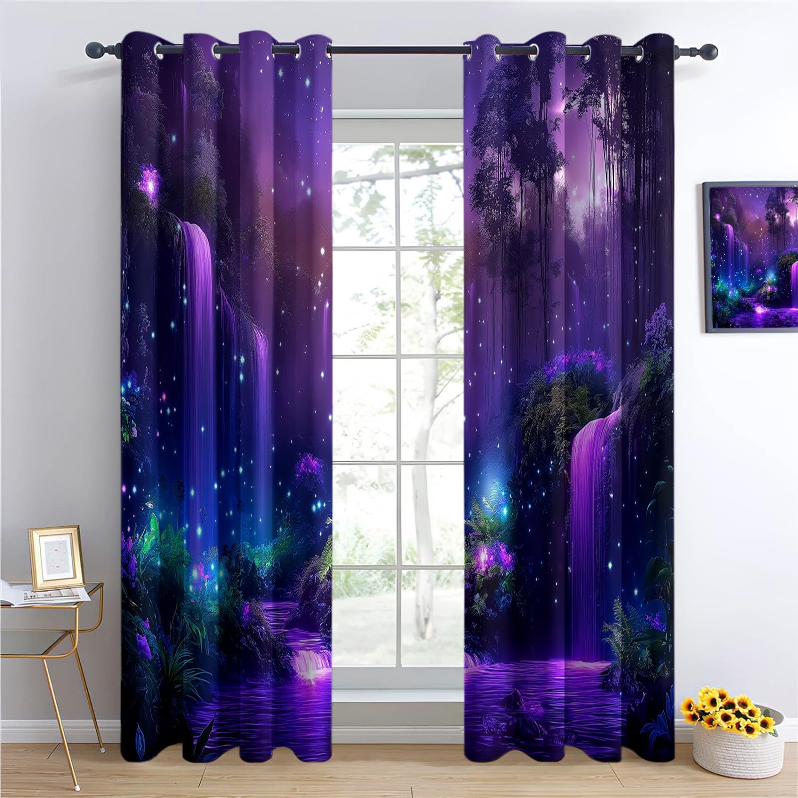 Poliestrowa zasłona zaciemniająca magiczny i jasny las nowoczesne draperie do salonu sypialnia dziecięca, zasłony kuchenne z izolacją termiczną odporne na zimno z oczkami fioletowe 2 panele 140 x 245