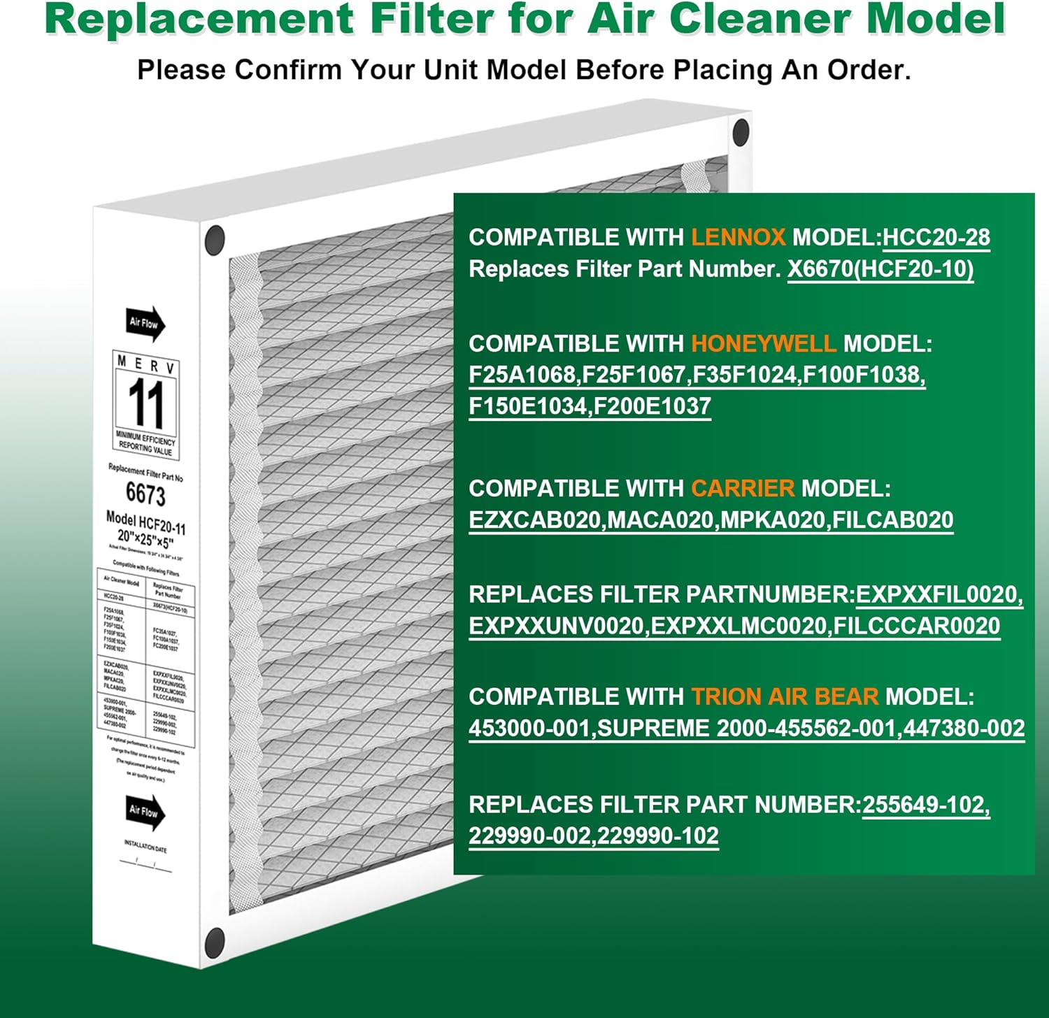 X6673 20x25x5 Foldable Air Filter MERV 11 Compatible with Lennox X6673 X6661 X0586 Furnace HVAC System, Replaces Part # HCC20-28, 2 PACK