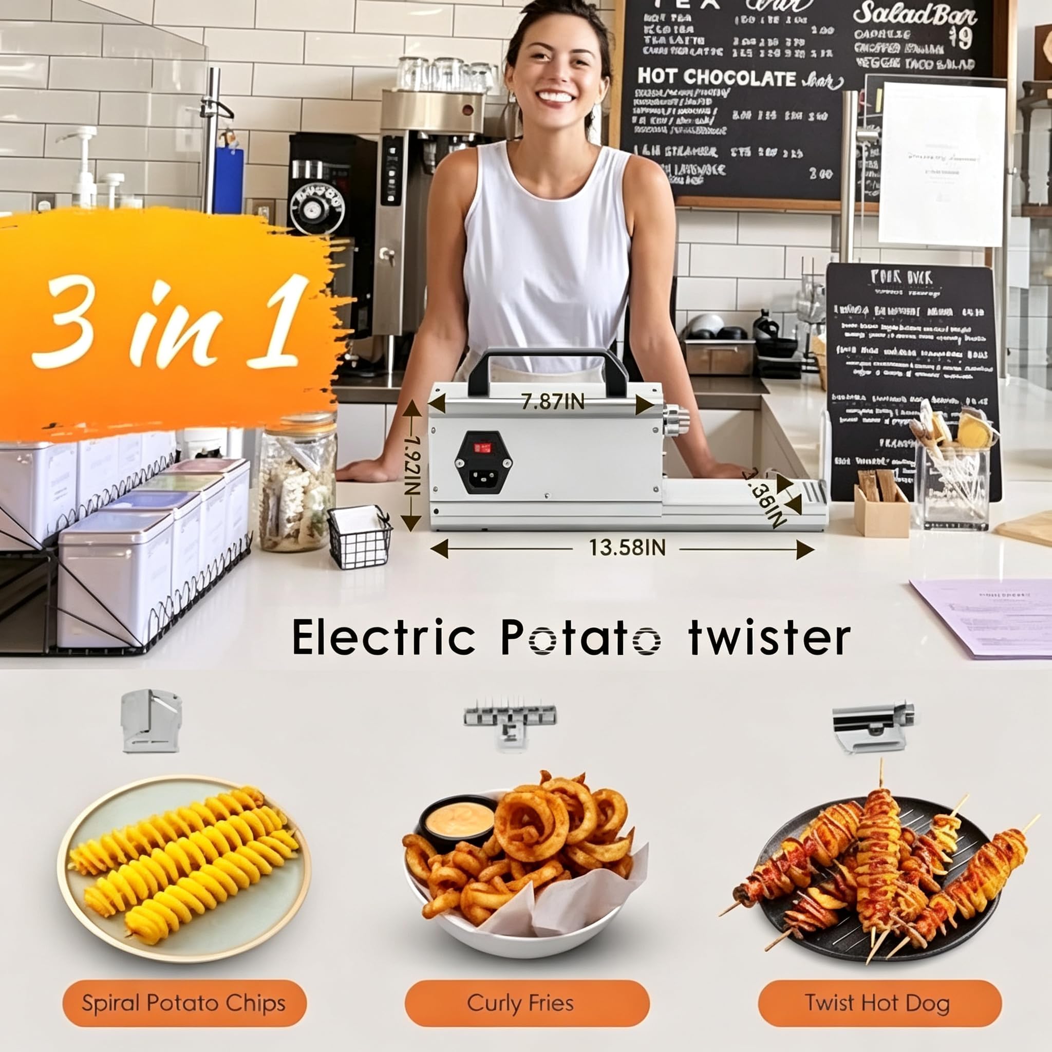 Elektryczna Maszyna do Skręcania Ziemniaków, Komercyjna Spiralna Krajalnica | Wymienne ostrza do Tornado Potato, kręconych frytek i Twist Hot Dog, cała konstrukcja ze stali nierdzewnej, odporna na rdzę