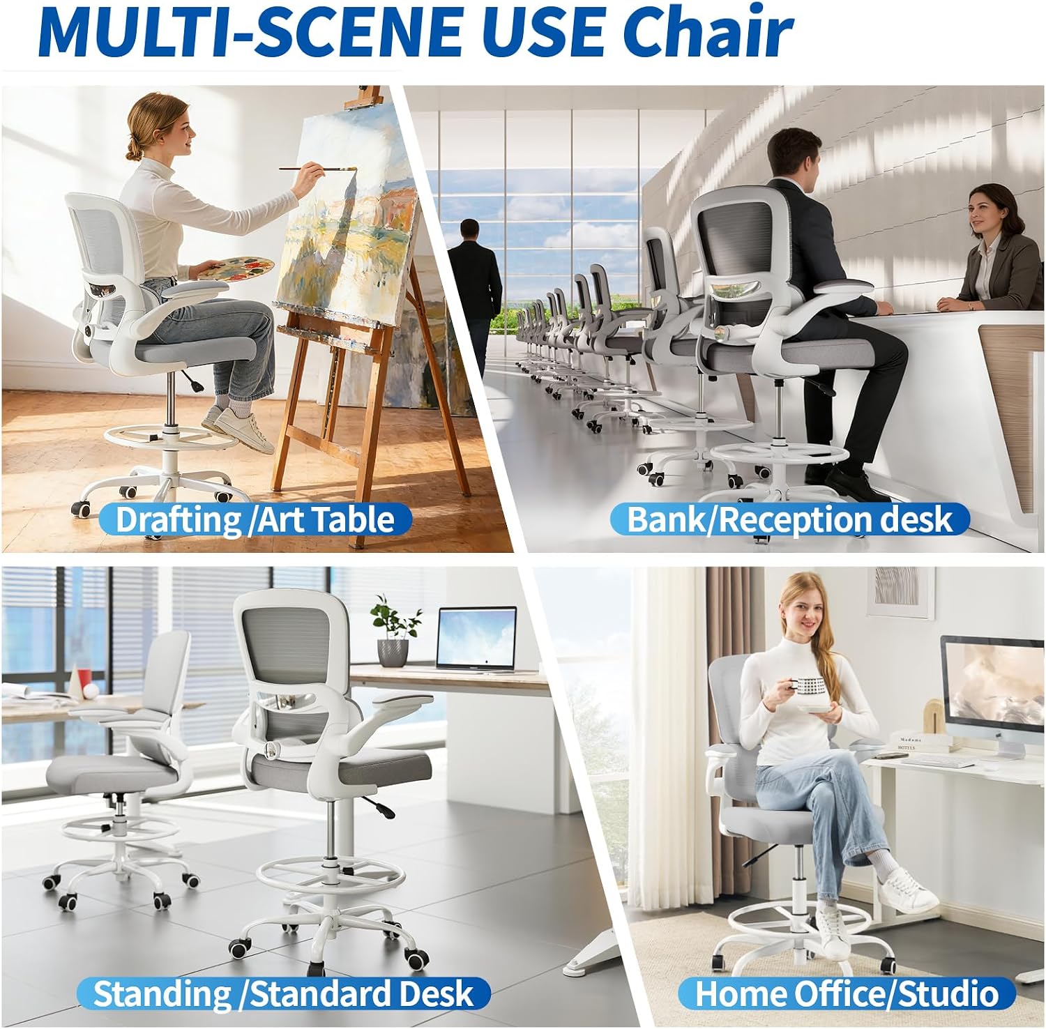 TRALT Drafting Chair - Tall Office Chair with Adjustable Footrest Ring and Lumbar Support Ergonomic Tall Desk Chair - Mesh Stangding Desk Chair with Flip-Up Armrests for Home and Work (Grey)
