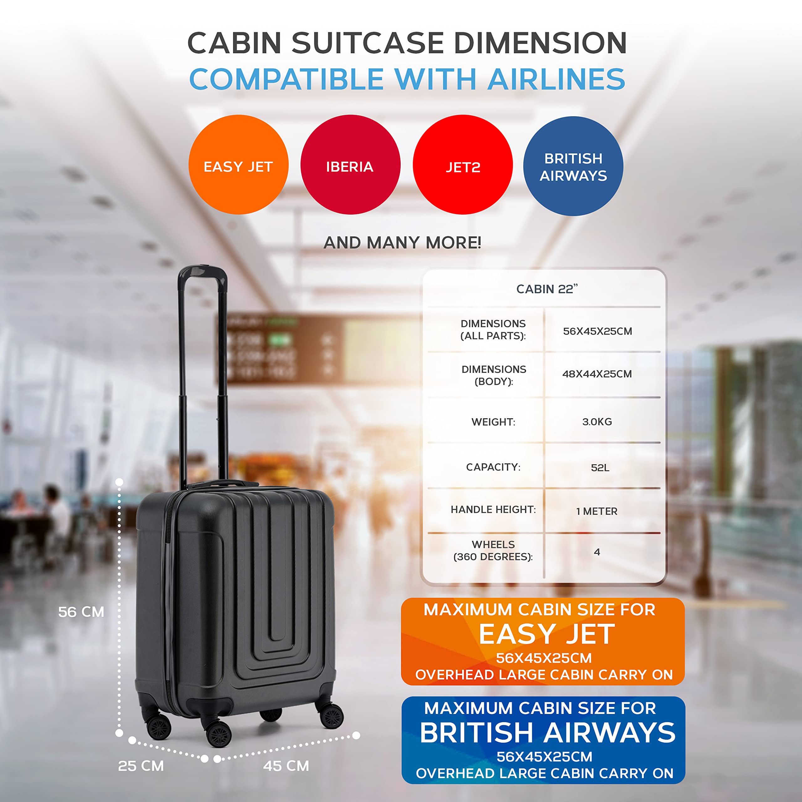 Flight Knight Premium Set of 2 Lightweight Cabin Suitcase - 8 Spinner Wheels - Built-in TSA Lock & USB Port - Luggage Approved for easyJet Flexi Fare Overhead Carry On - 56x45x25cm