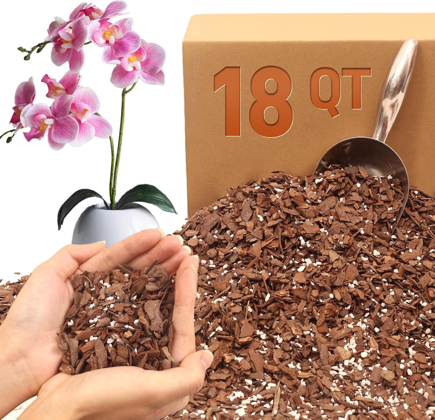 Orchid Bark Potting Mix - 18QT Natural Orchid Potting Mix for Repotting, Blended with Small Pine Bark and Perlite to Provide Ideal Ventilation and Good Drainage for Orchids and Other Potted Plants 18 qt