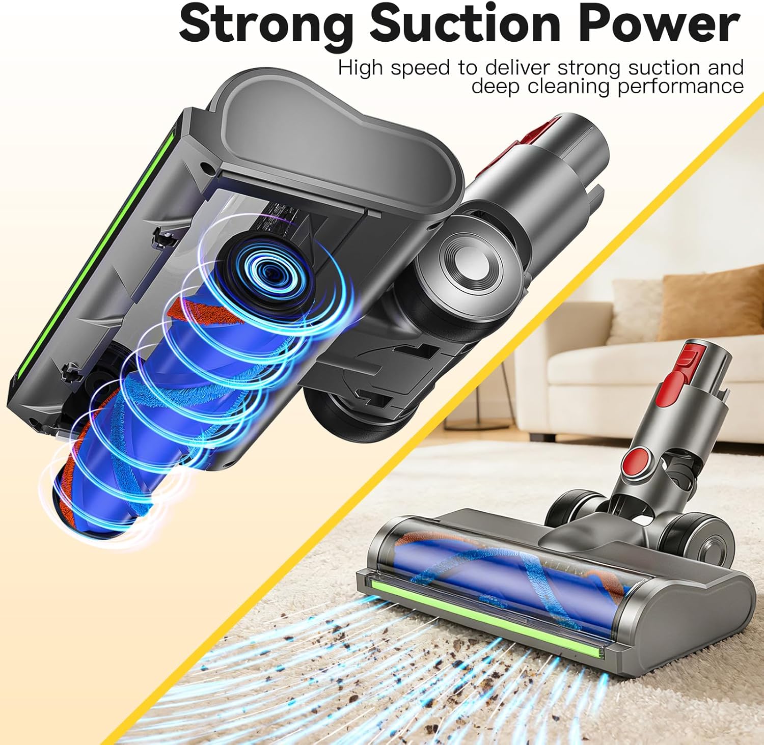 Electric Brush Head for Dyson V7 V8 V10 V11 V15, LED Floor Nozzle Replacement, Two Roller Brushes, with Trigger Lock, Soft Roller Turbo Head for Hard Floors
