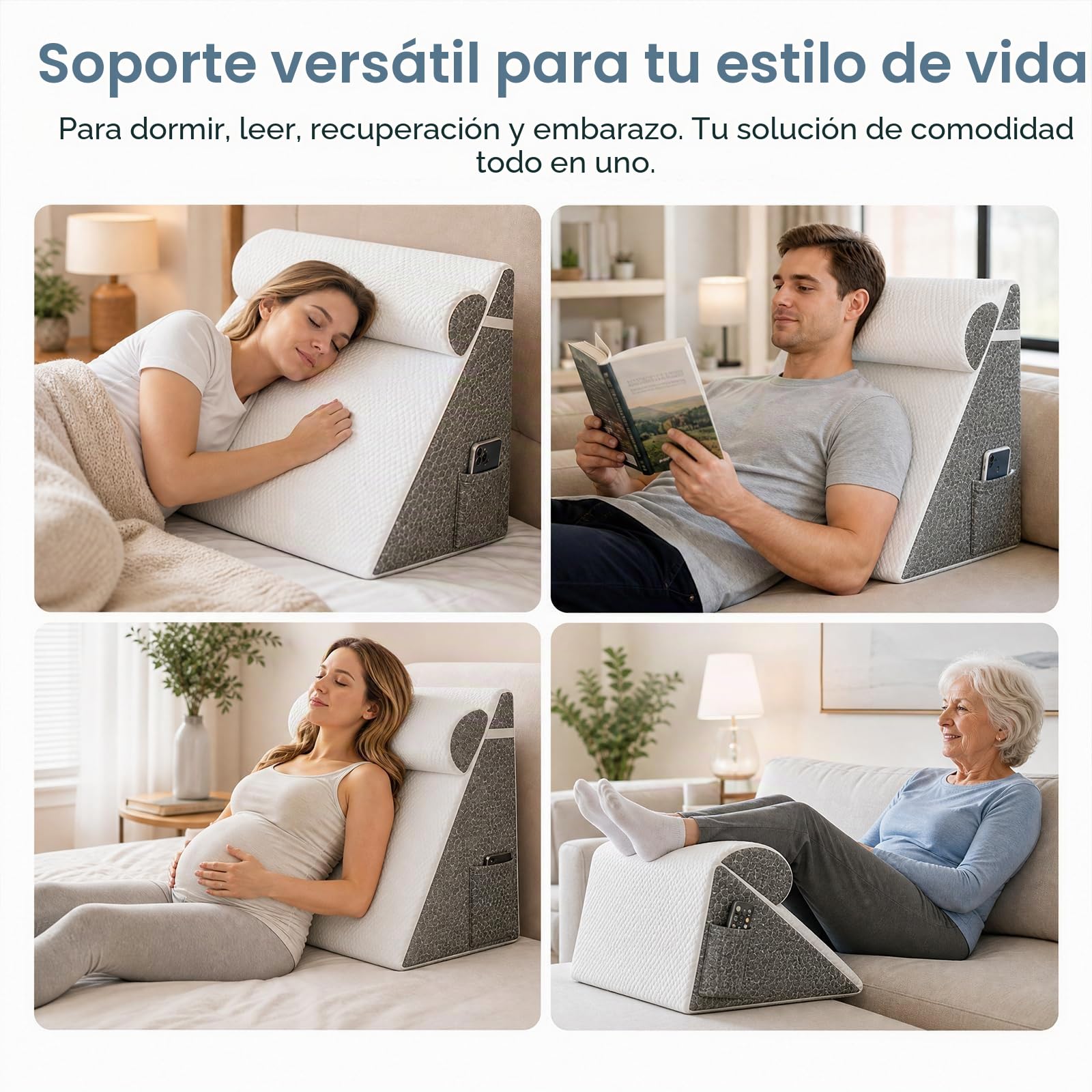 Cojín Ortopédico Triangular, Inclinable, 3 en 1, Viscoelástica | Funda de Algodón Extraíble, Gris-Blanco, 50x50x26 cm, Ideal para Cama, Espalda y Lectura, Alivio de Presión