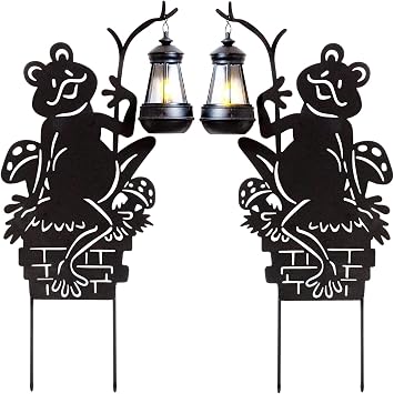 Esterno Frogs w/Lamp Solar Garden Stakes 2-Pack; Set of 2 Lawn Ornament Metal Silhouettes with Solar-Rechargeable Lanterns