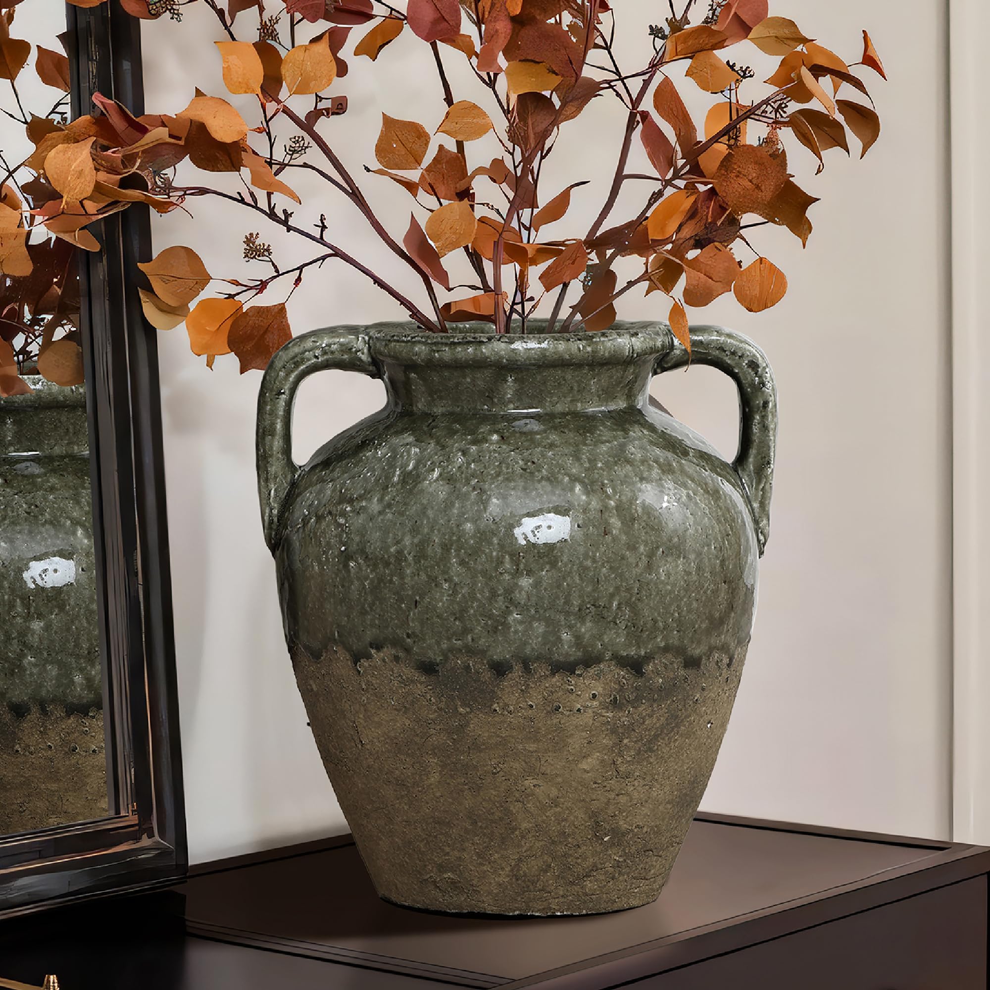 Hometopia Vintage Vase Groß aus Keramik, Zweifarbige Amphore in Moosgrün & Naturstein-Optik, Rustikale Dekovase für Herbstzweige & Trockenblumen, 29cm Höhe