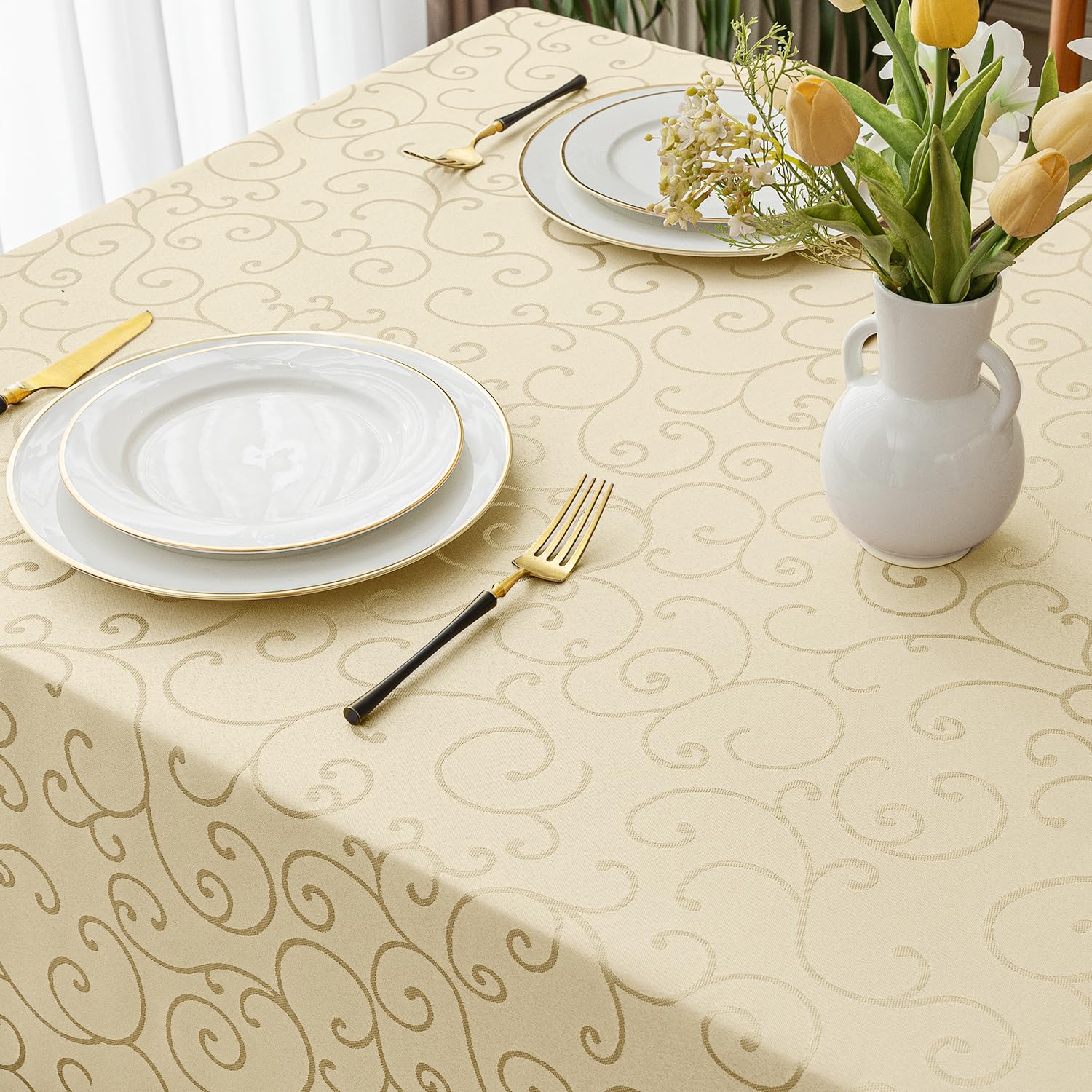 Romanstile Nappe Beige Rectangulaire 150x350 cm Blanche Jacquard Anti Tache, Lavable Décoration de Table pour Printemps, Pâques, Extérieurs, Jardin, Anniversaires, Mariage, Fête, Buffet