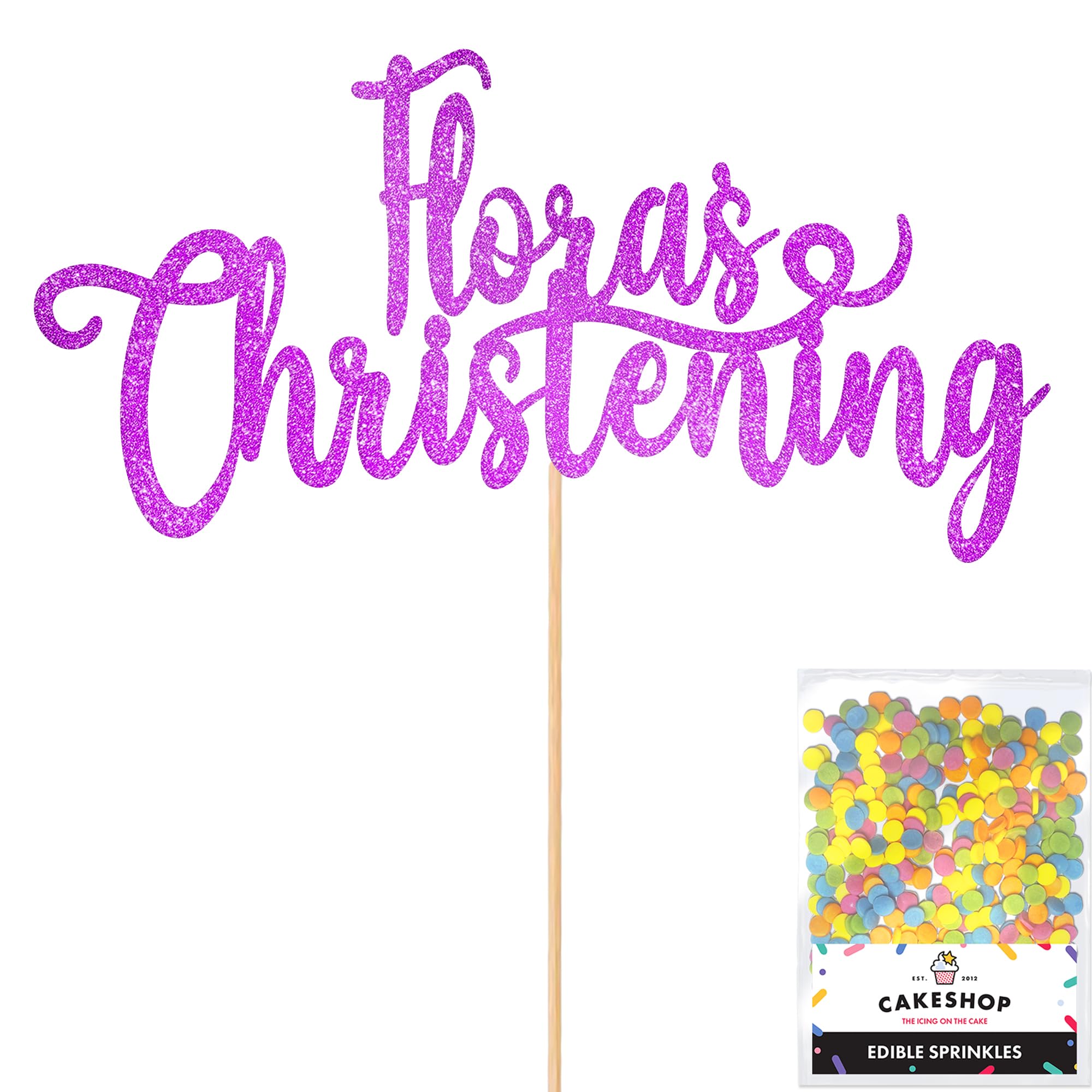 Cakeshop Personalised Christening Glitter Cake Topper With Sprinkles - Purple Custom Colour - Any Name - Double-Sided Glitter Card Cake Decoration - Custom Toppers for Cakes