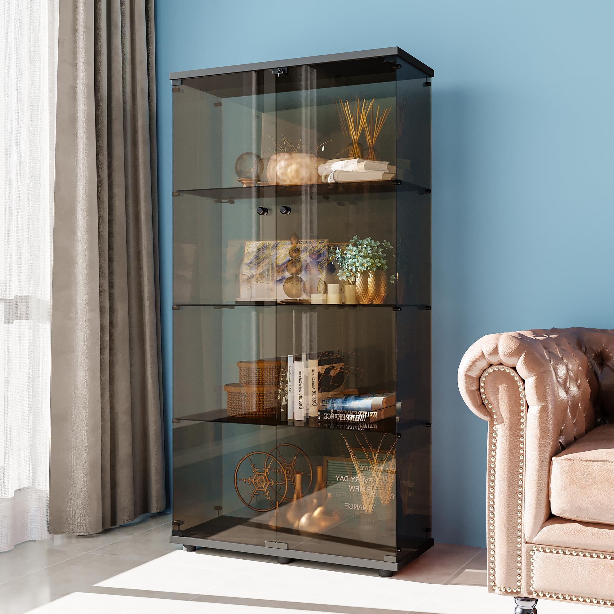 FANYUSHOW Glass Display Cabinet with 4 Shelf Double Door