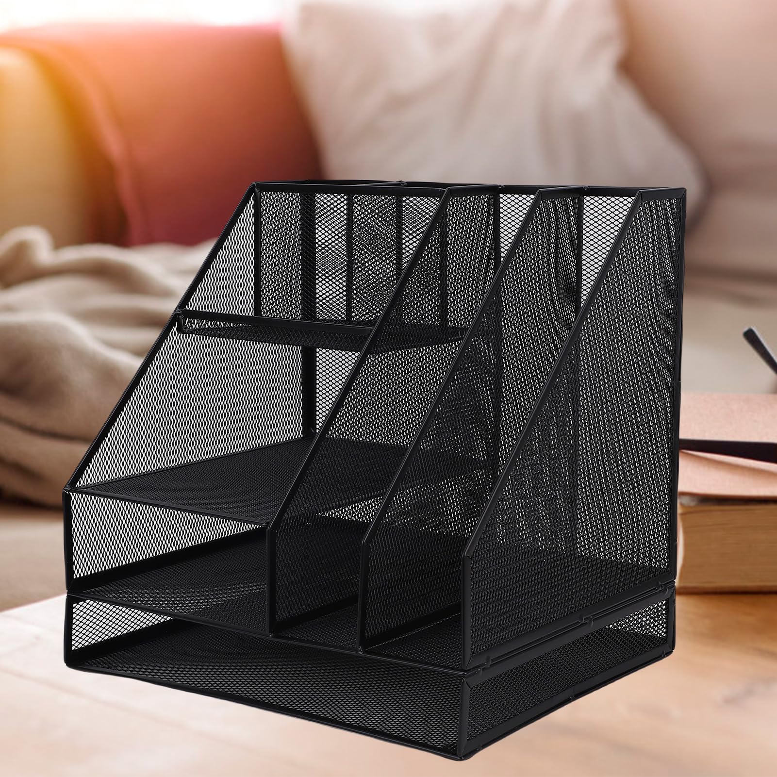 Hyuduo Organizador de Escritorio de Malla Negra, Estructura de Hierro, Almacenamiento Eficiente para Suministros de Oficina, Diseño Liviano para Organización del Espacio de Trabajo
