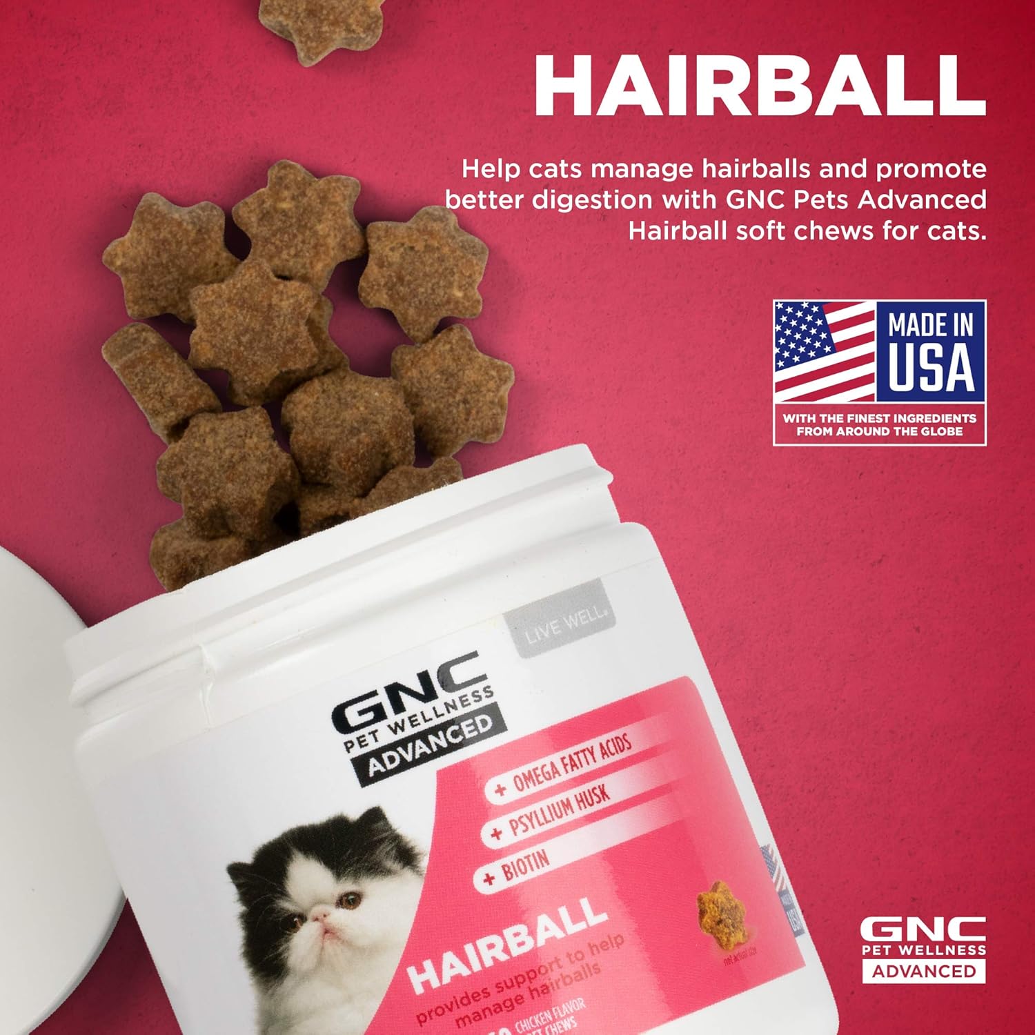 GNC for Pets ADVANCED Hairball Control Cat Supplements, 60 ct | Chicken Flavored Cat Hairball Supplements with Omega Fatty Acids, Psyllium Husks, & Biotin | Made in the USA : Pet Supplies