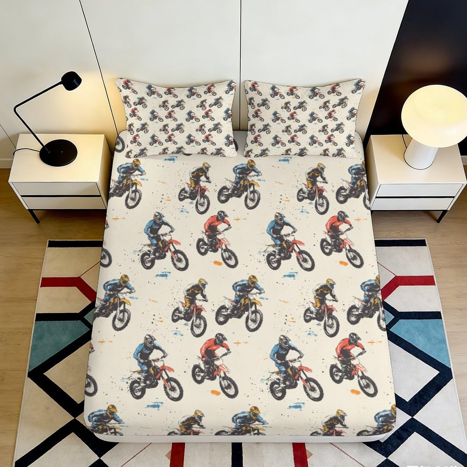 3D Printed Motorbike Design Fitted Sheet Microfiber Deep Pocket Non-Slip Bedroom Bedding Motorbike Mattress Fitted Cover Washable 200x200x25cm 90x200x25cm