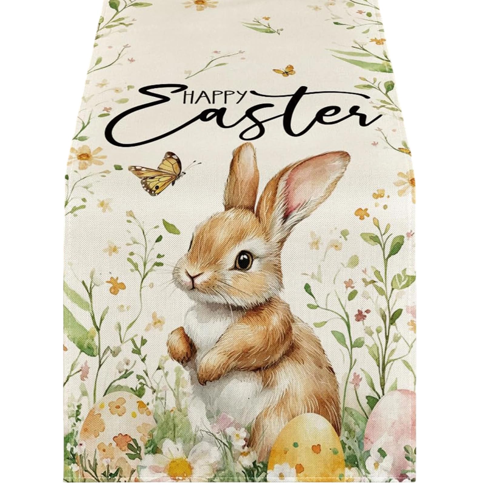 Carotoe B Farmhouse Linen Table Scarf Easter Rabbits Design Rectangular Washable For Home Styling Linen Easter Rabbits Table Runner