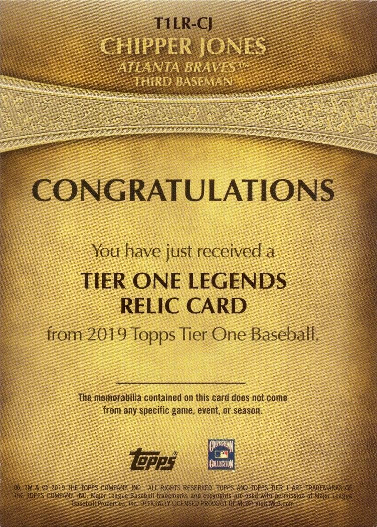 2019 Topps Tier One Legends Relics #T1LR-CJ Chipper Jones Game Worn Braves Jersey Baseball Card - Only 175 made!