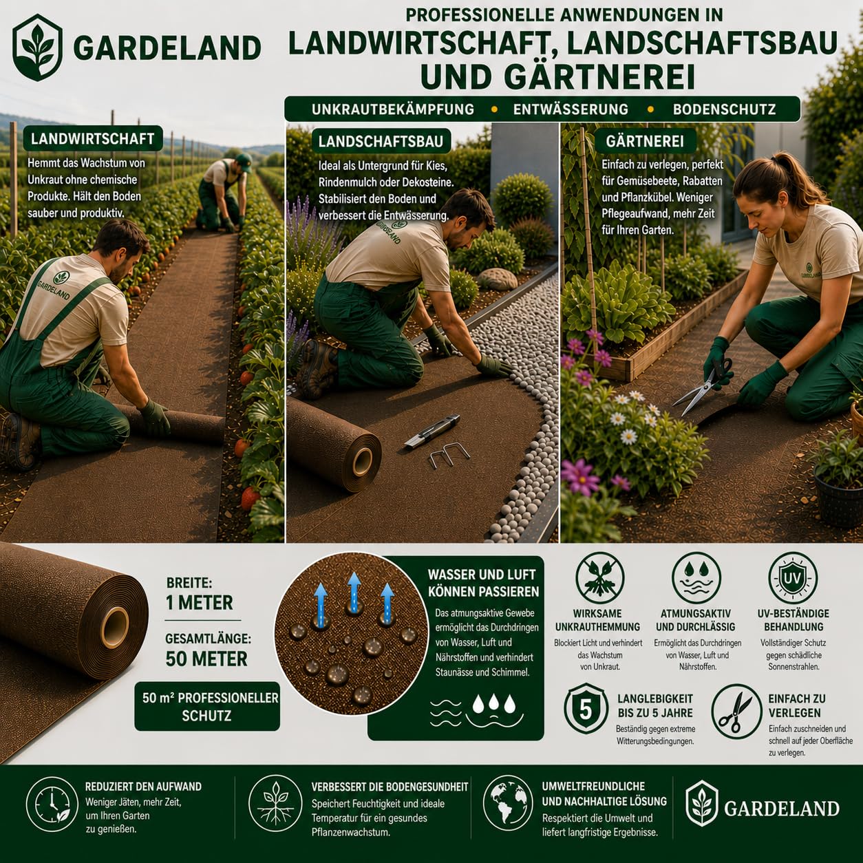 Unkrautvlies Braun Gartenvlies -5 Jahre Premium UV Behandlung im Außenbereich- Rolle 50 Meter x 1 Meter 90g/m2 Unkrautvlies Wasserdurchlässig Unkrautfolie FRANSEN Nicht aus Hergestellt EU