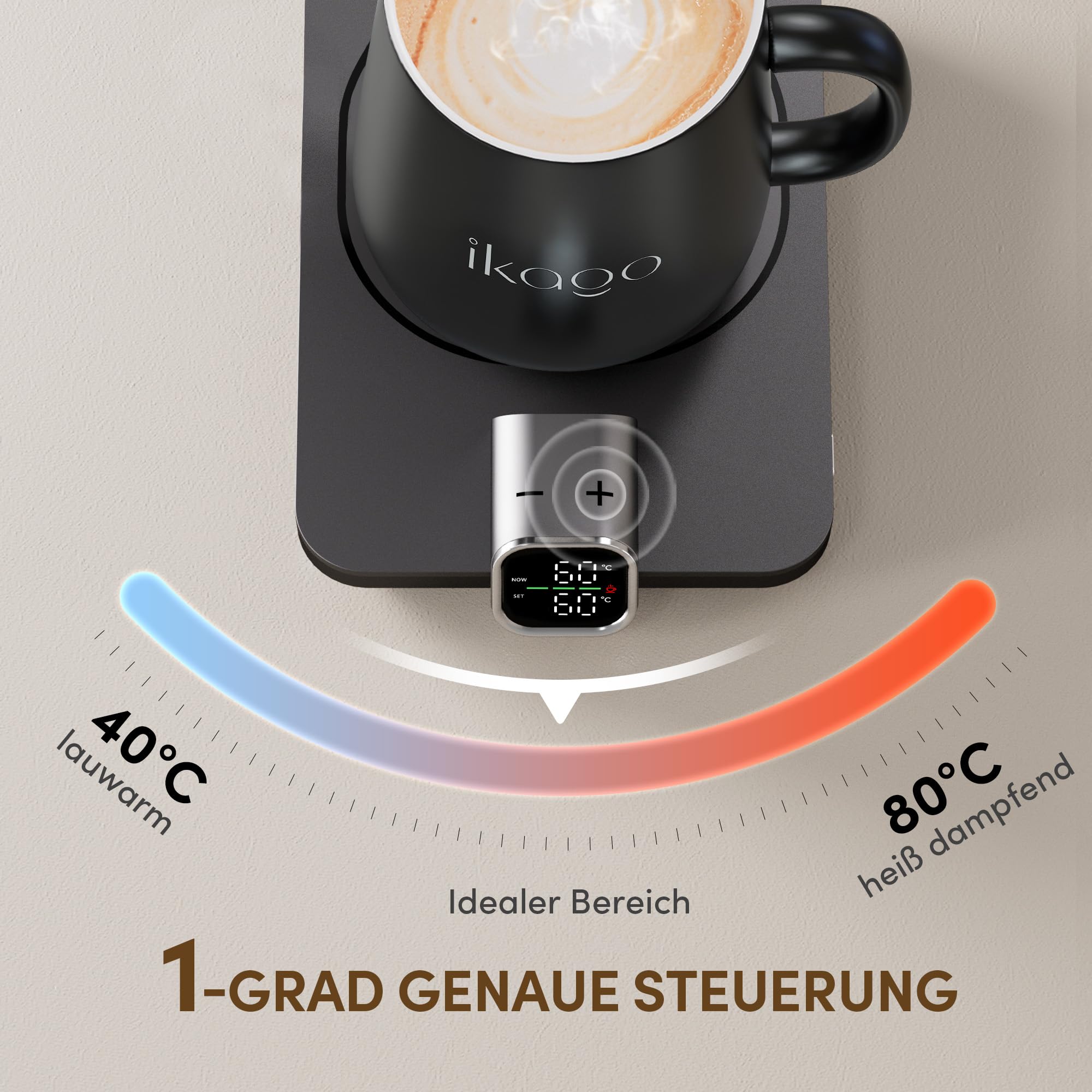 Elektrischer Tassenwärmer Set mit 1 °C Temperaturregelung und Echtzeit-Temperaturanzeige, automatischer Abschaltung, Kaffeewärmer für Schreibtisch & Büro – praktische Geschenkidee, Schwarz