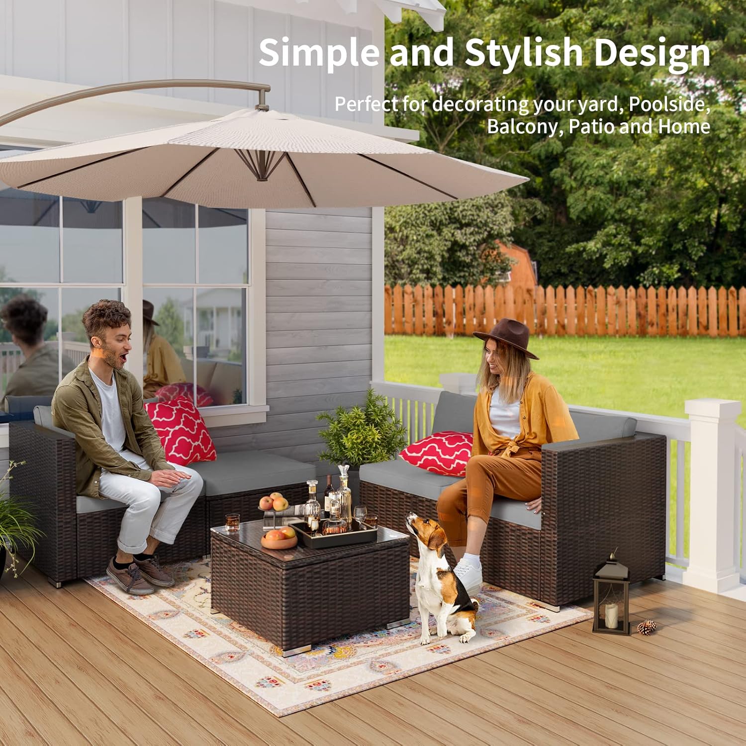 Outdoor Patio Sofa Set PE Wicker Rattan Sectional Conversation Sofa with a Glass Coffee Table for Backyard Porch Poolside Patio(Brown Rattan, Grey Cushion)