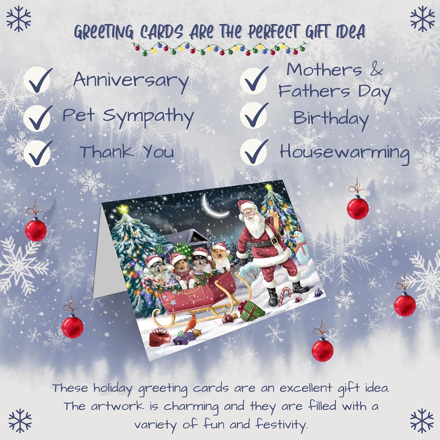 Christmas Santa Sled - Rough Collie Dogs Greeting Cards - Adorable Pets Invitation Cards with Envelopes - Pet Artwork Greeting Cards for All Occasions (10 Greeting Cards)