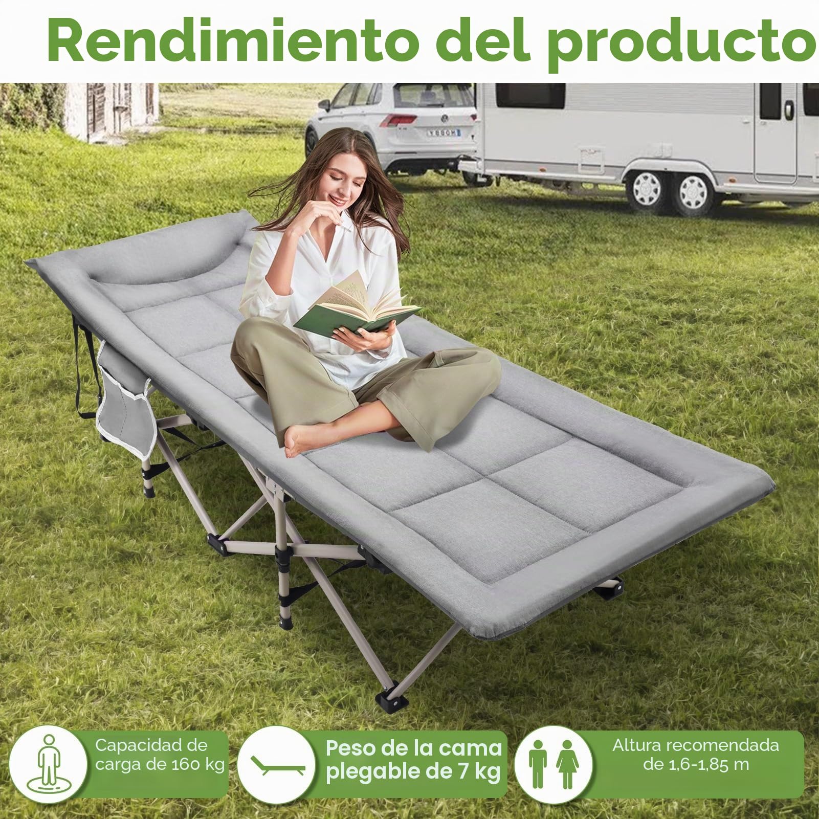 Cama plegable de camping, capacidad de carga cama plegable cama de invitados, cama plegable/tumbona de camping con colchón, bolsillos laterales, respaldo ajustable, 190 x 68 x 40 cm – hasta