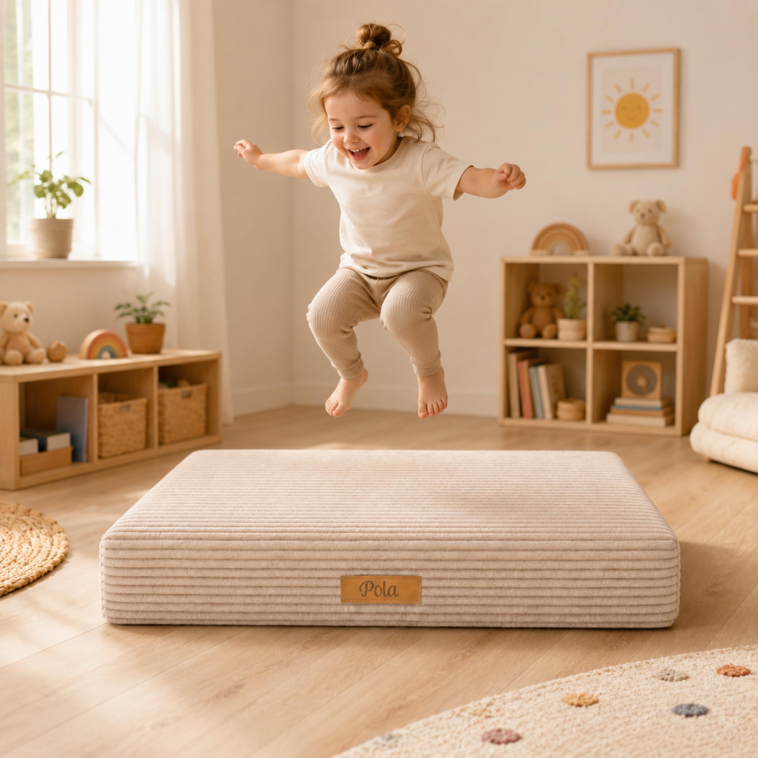 Flumi Hüpfpolster mit Namen, weiches Bodenkissen mit Cordbezug, Indoor Bewegungsmatte für Kinder, 110 x 71 x 15,5 cm (Beige)