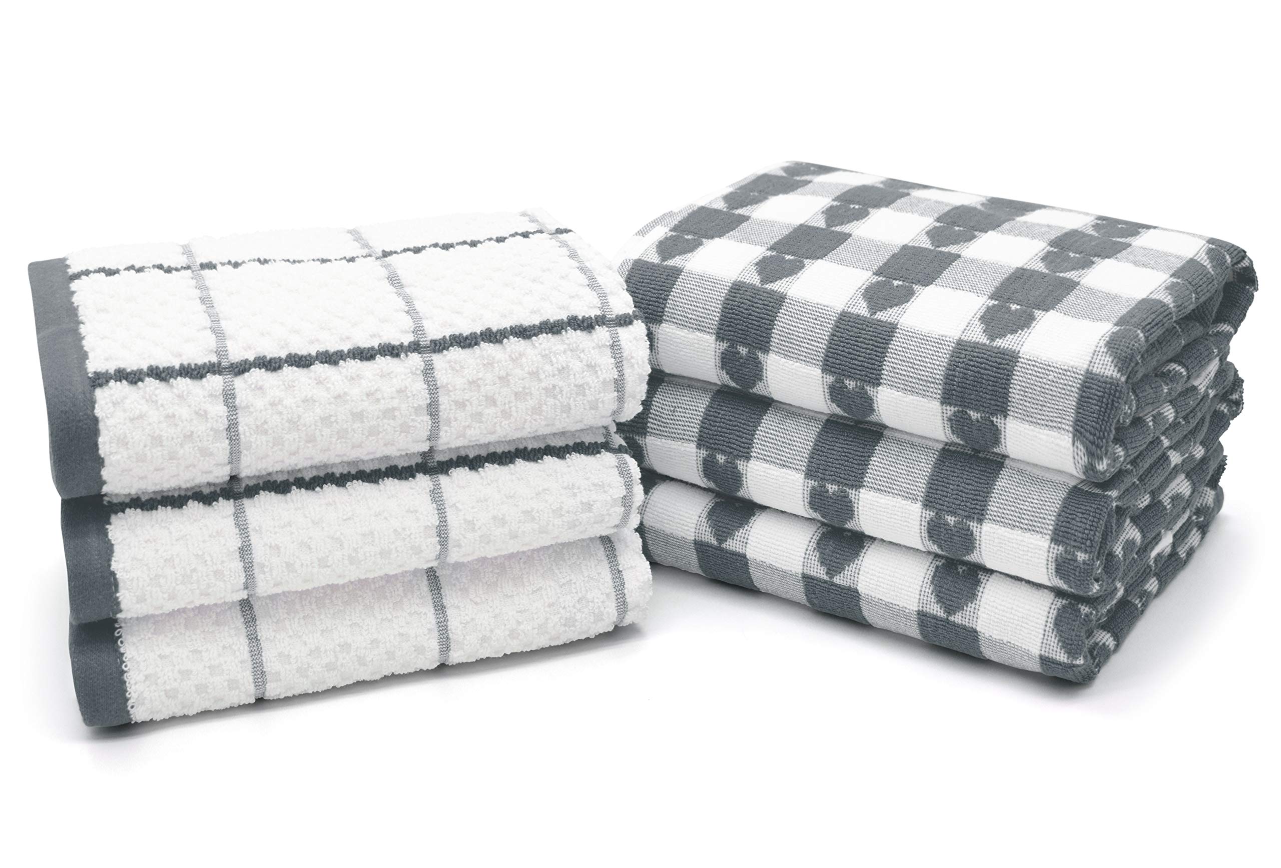 Ashley Mills Jacquard Woven Tea Towels Large Check 50x70cms Super Absorbent 100% Cotton (6 Heart and Check, Grey)