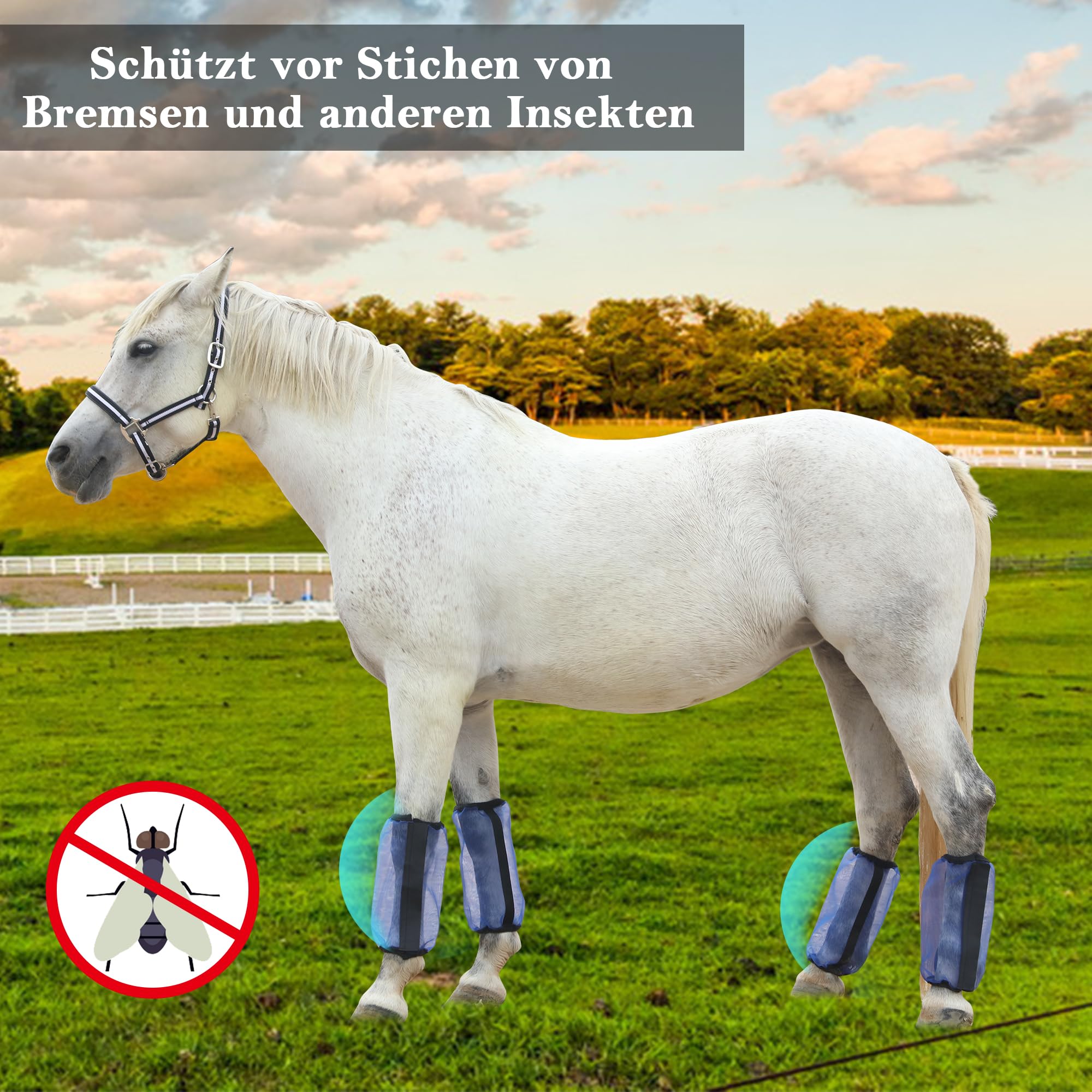 4 Stück Fliegenstiefel für Pferde, Locker Sitzend, Atmungsaktiv, Feinmaschig, Schützt vor Beinermüdung und Stampfen, ideal für den Sommer