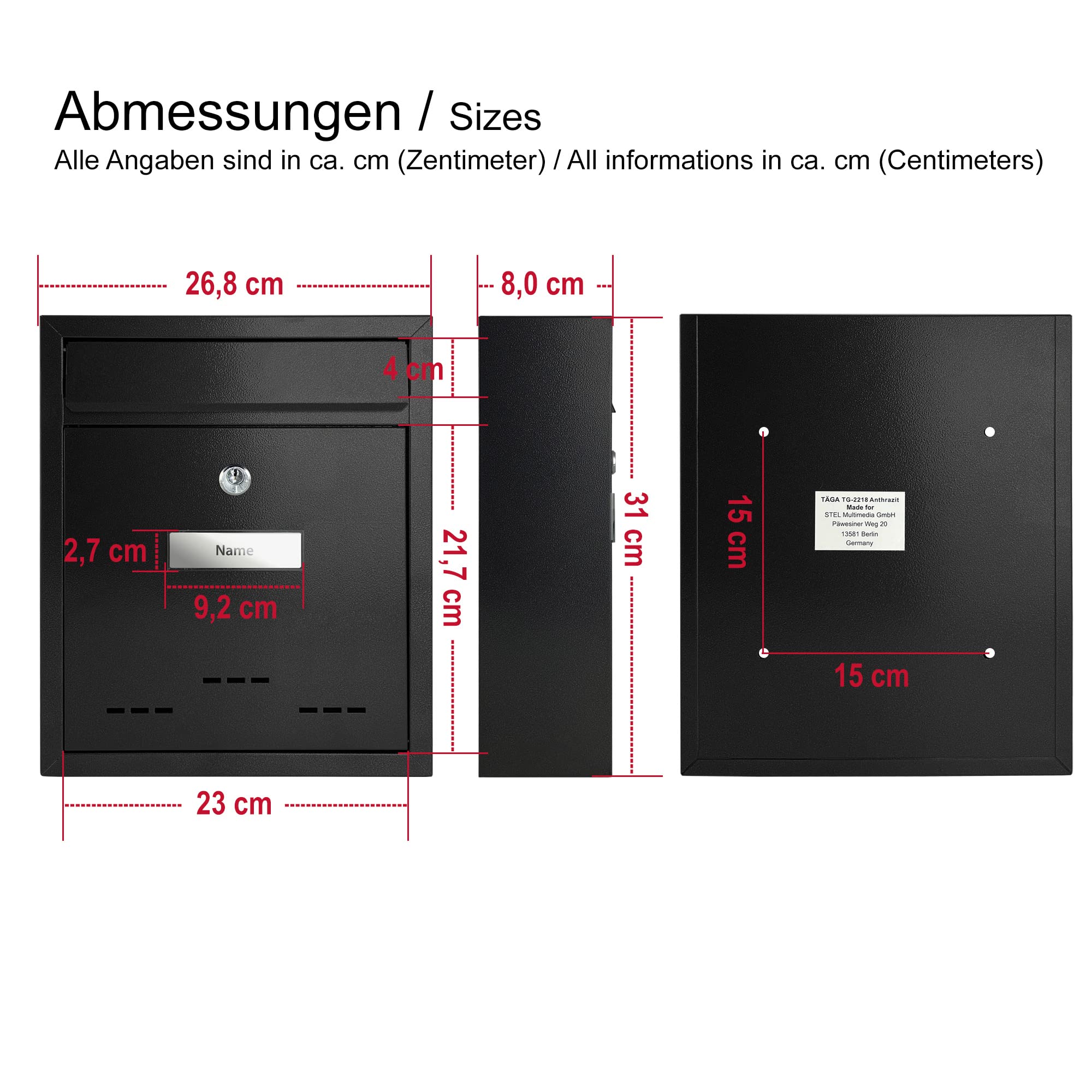 2218 Buzón de Metal I Espacio para la Placa de identificación I con Cerradura, 2 Llaves y Material de fijación I Color: Negro