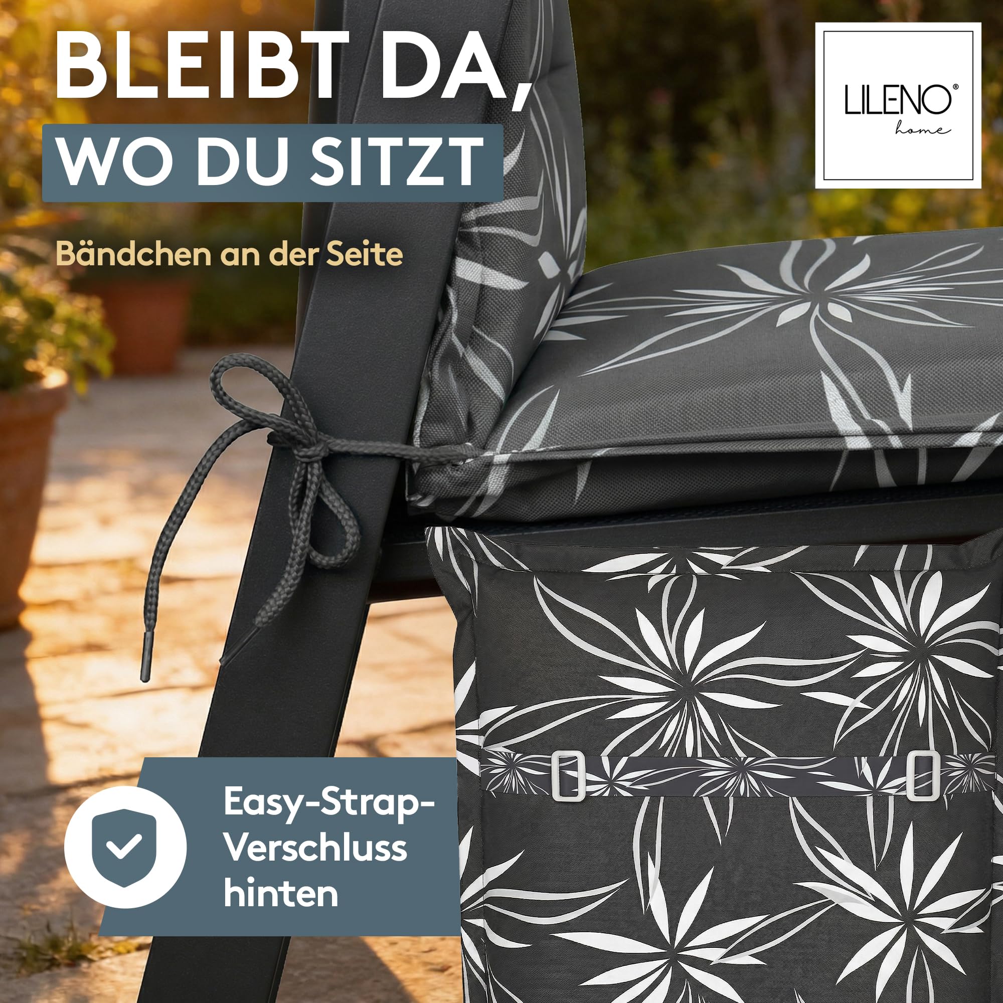 LILENO HOME Gartenstuhl Auflagen als [2er Set - Hochlehner] in Blume Anthrazit-Weiß - Bequeme Liegen als Sitzauflagen für Gartenmöbel - Stuhlkissen für Gartenstühle und Klappstühle