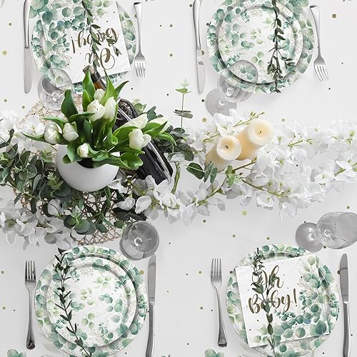 Miniatura 3 de Sage Greenery - Suministros de fiesta de baby shower, platos de papel desechables, servilletas, tazas y mantel para decoraciones de fiesta bohemia,