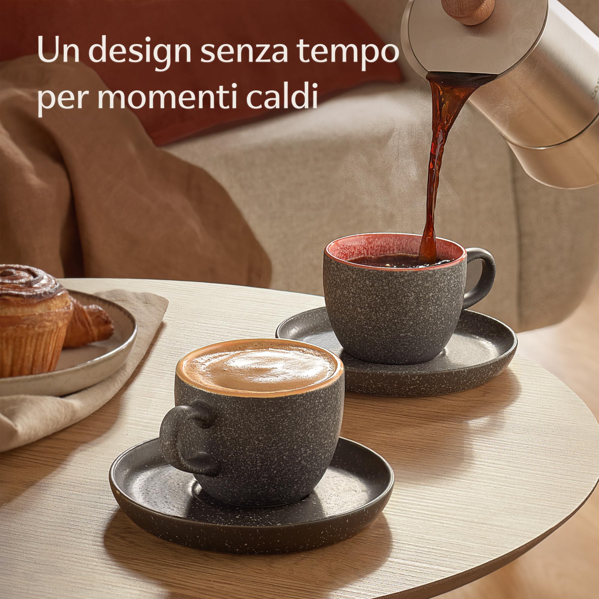 Cosumy Set di 4 Tazze per Cappuccino in Ceramica con Piattini - 200ml - Gres Spesso con Smalto Reattivo Artigianale – Mantiene il Calore a Lungo (Colorato)