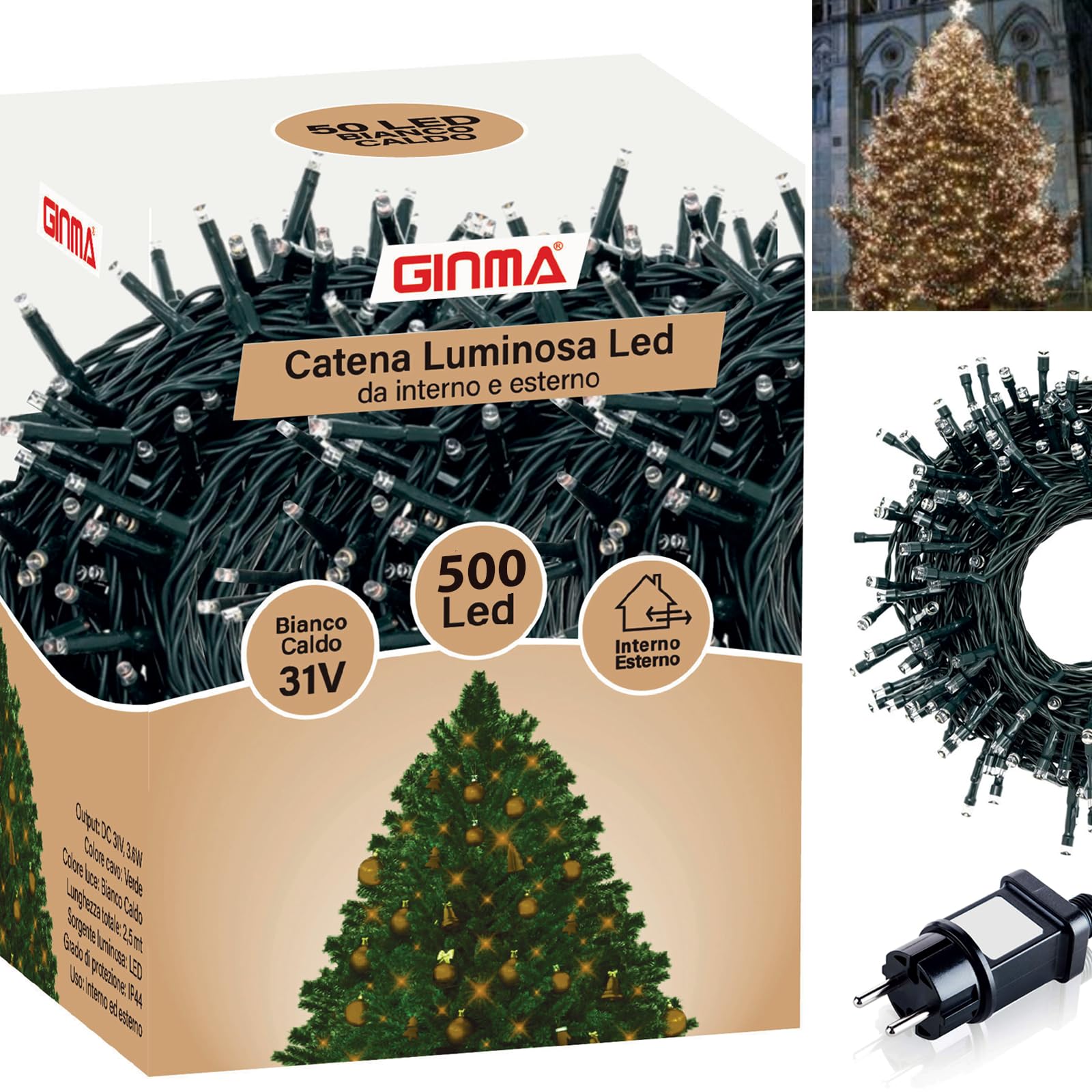 GINMA - Luci Natale Interno e Esterno LED con 8 Effetti Luce, Certificate, Basso Consumo e Impermeabili (Bianco Caldo, 25 metri (500 LED))