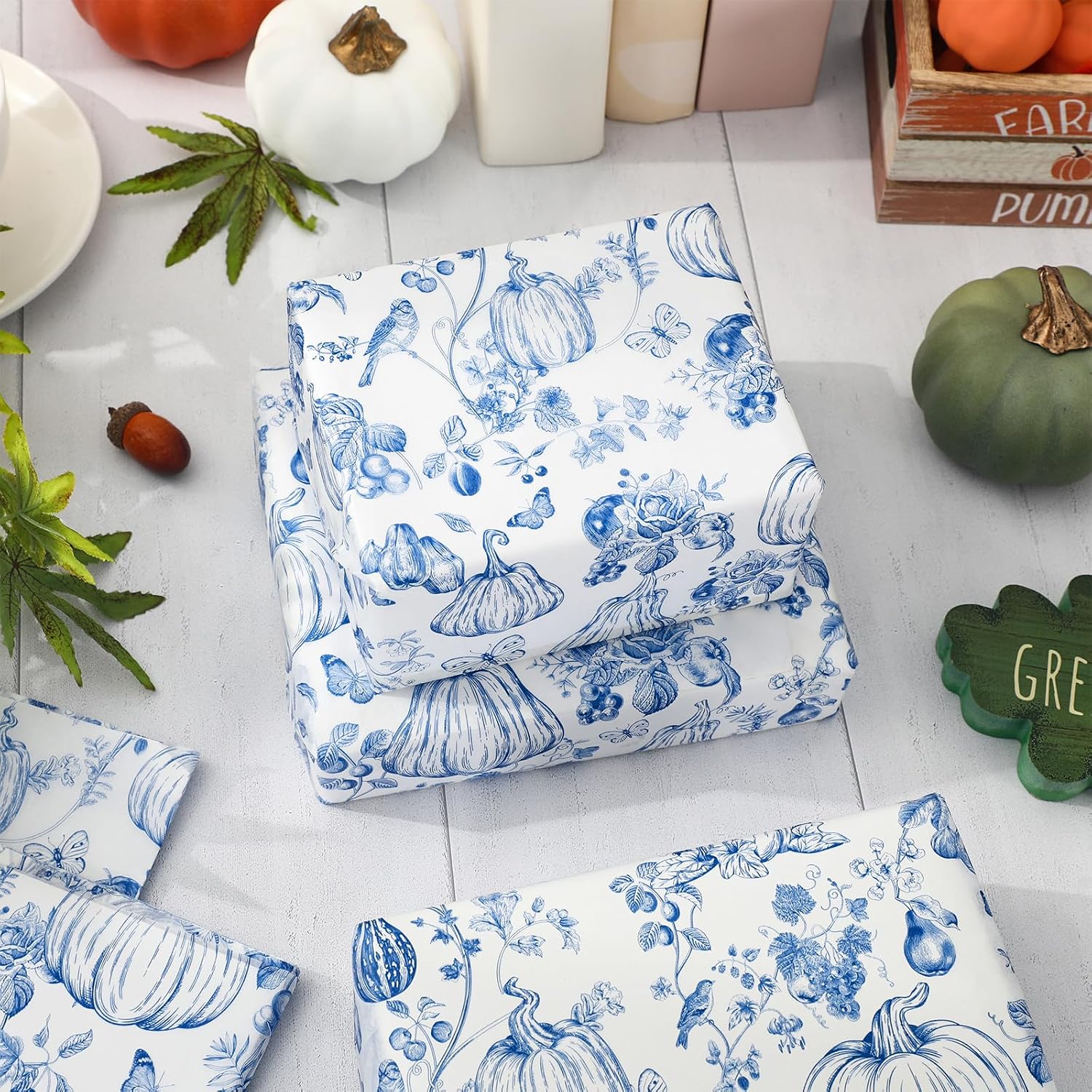 Whaline 100 Sheets Fall Tissue Paper Blue Chinoiserie Pumpkin Floral Wrapping Paper for Autumn Thanksgiving Home Classroom Office Party DIY Crafts, 14 x 20 Inch