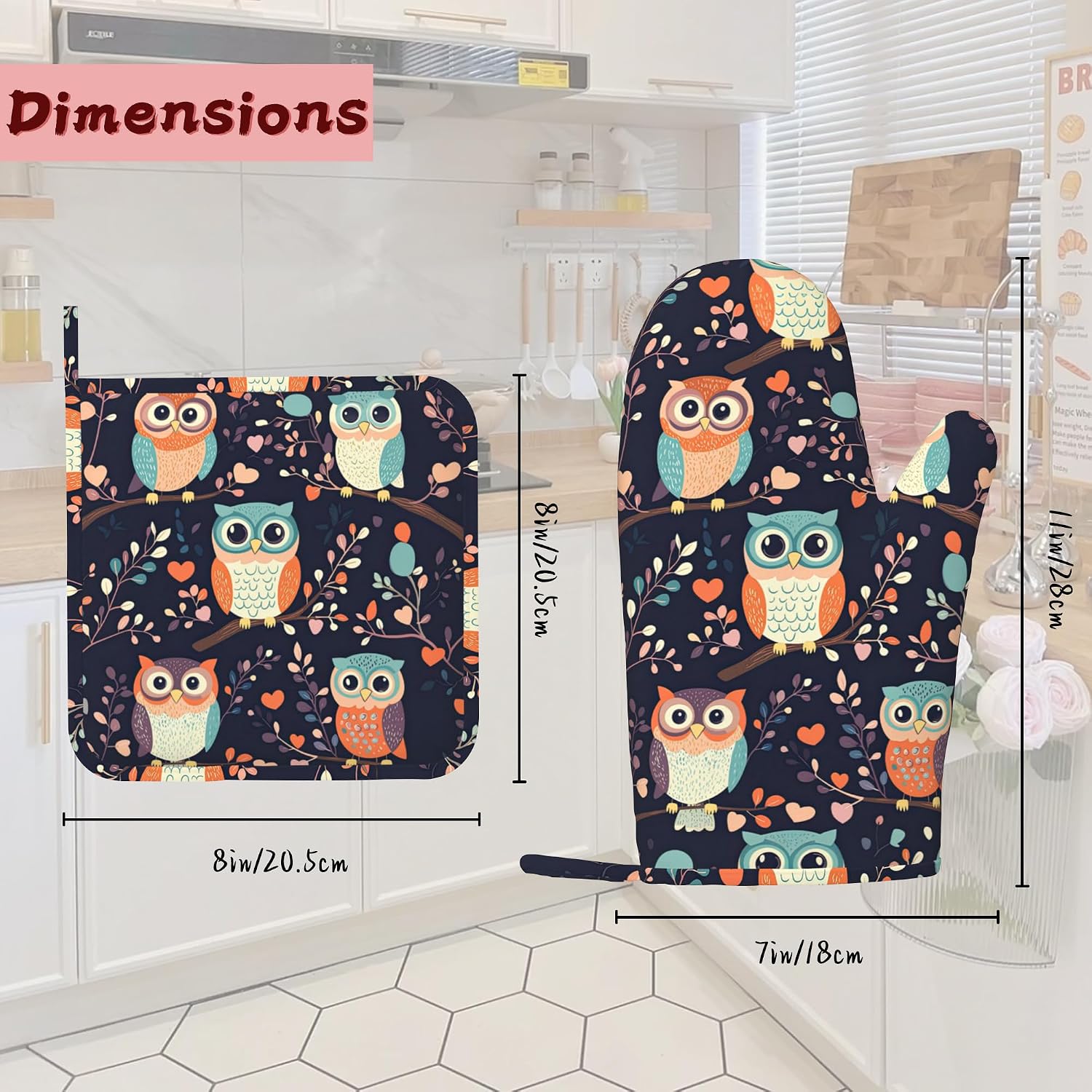 Cute Owl Heat-Resistant Silicone Oven Mitts and Pot Holders 4 Piece Set,Extra Long Non-Slip Kitchen Oven Gloves for Cooking, Baking, BBQ,Grilling