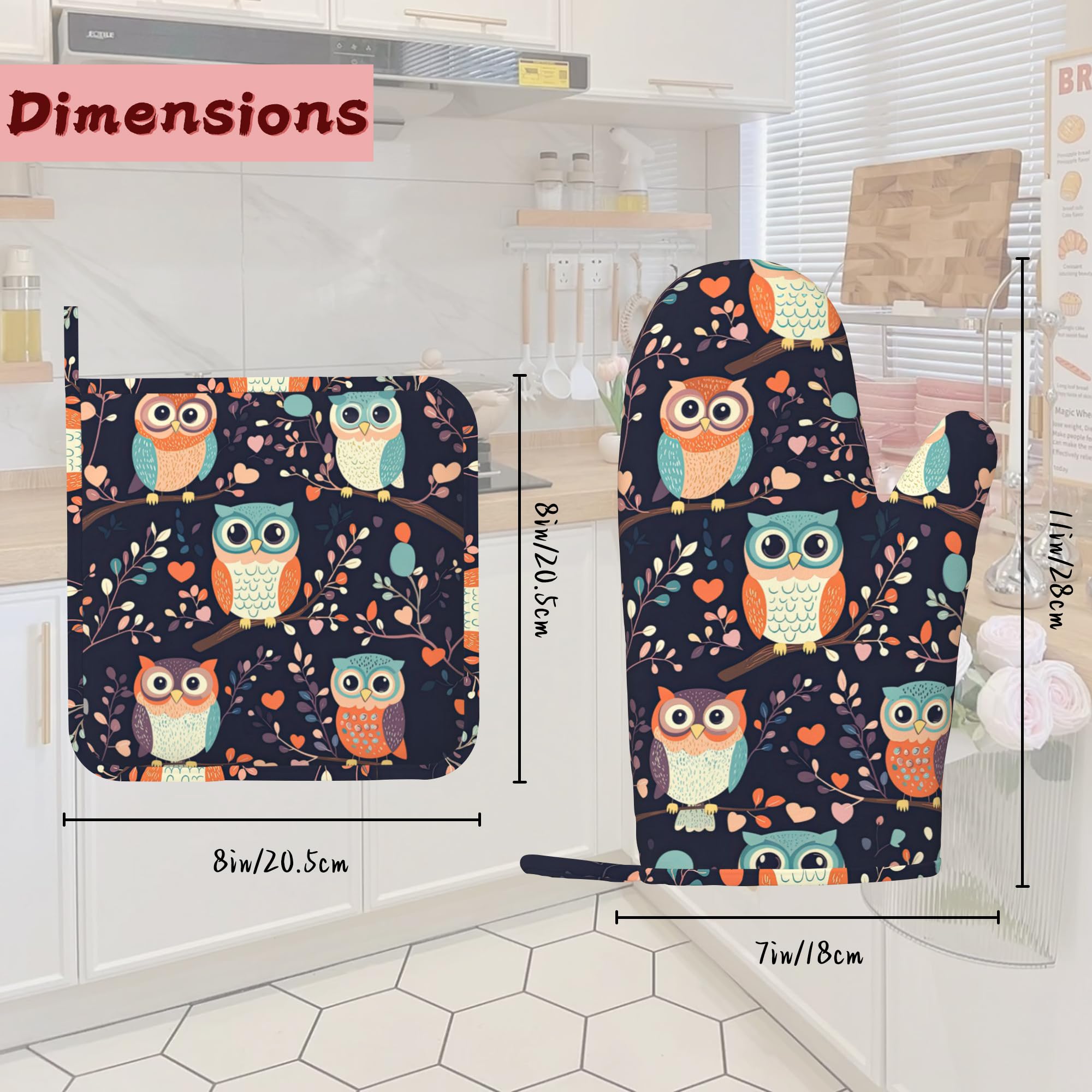Cute Owl - Juego de 4 manoplas de horno de silicona resistentes al calor y soportes para ollas, extralargos, antideslizantes, para cocinar, hornear, asar a la parrilla