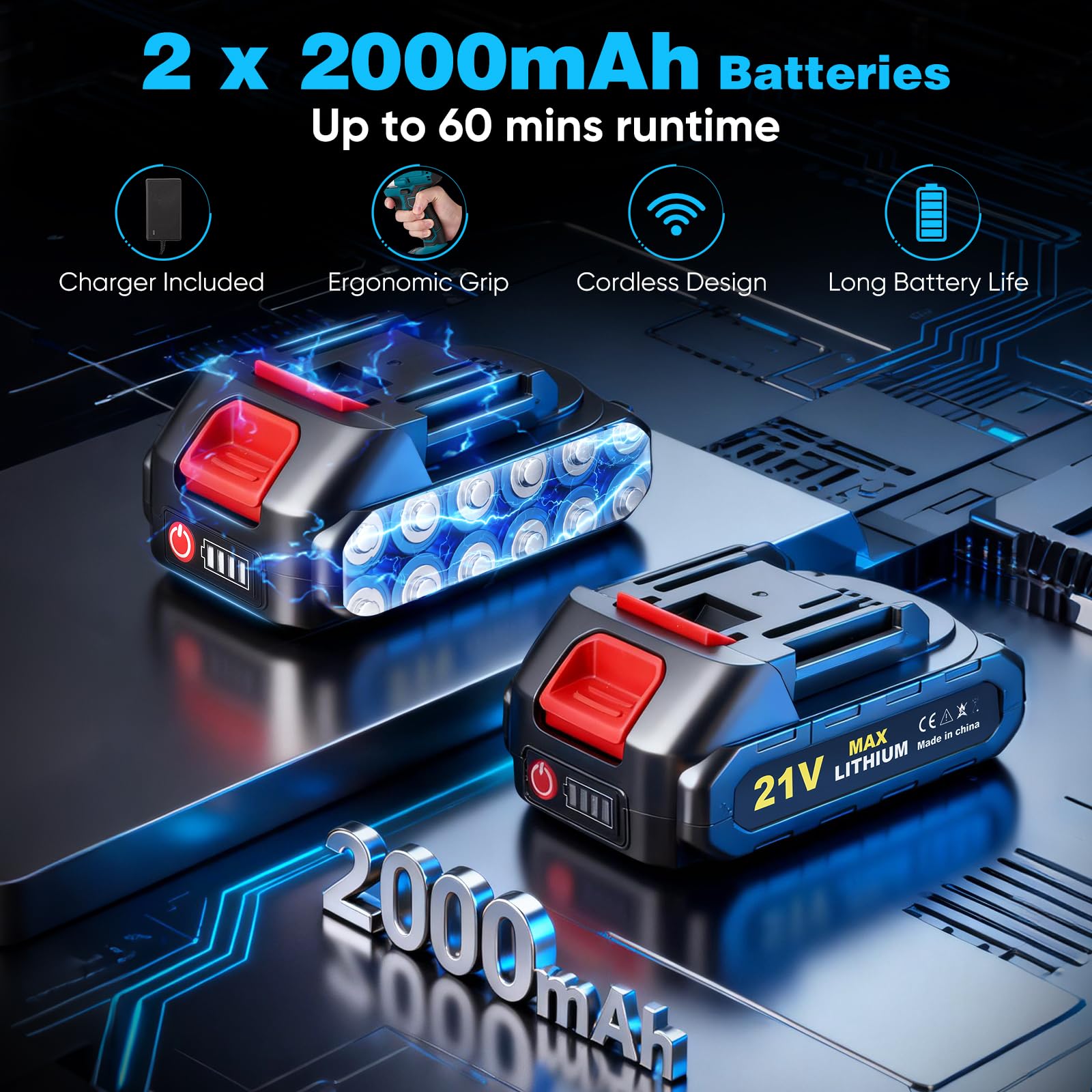 Herramienta de remache ciego con batería y motor sin escobillas, 2x baterías de 2000mAh, 3 boquillas para remaches de 2,4-5,0mm, luz LED para aplicaciones DIY y profesionales