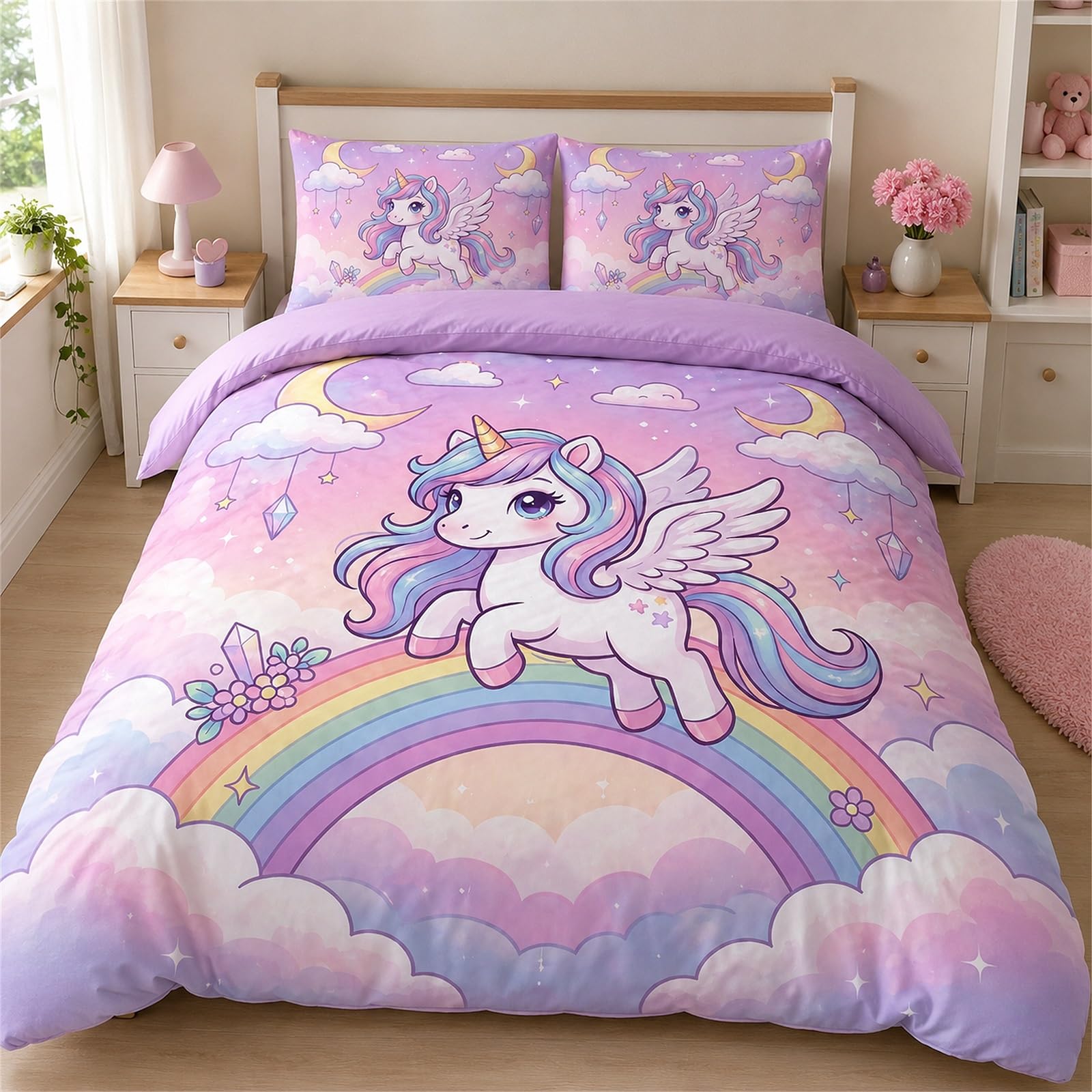 Vryxel Girls Kids Unicorn Rainbow Bedding Double Duvet Cover Set Bed Zipper Purple Pink 200 x 200 CM