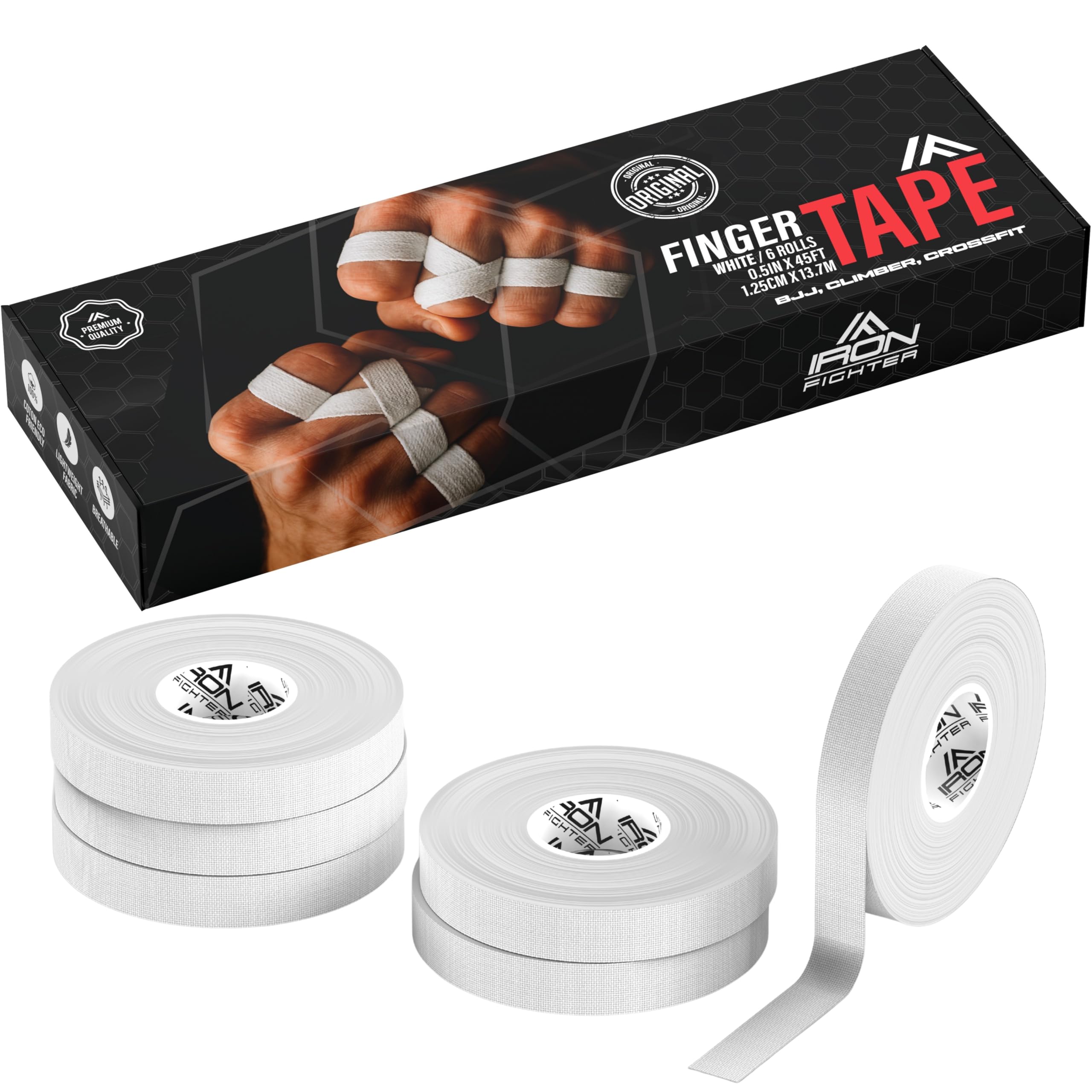 IRON FIGHTER 6X Rolls of Finger Tape Sports 1.25CM/0.5IN X 13.7M/45FT - BJJ Brazilian Jiu Jitsu - Rock Tape for Climbing - Crossfit - MMA - Football - Judo - Volleyball - White Sports Strapping
