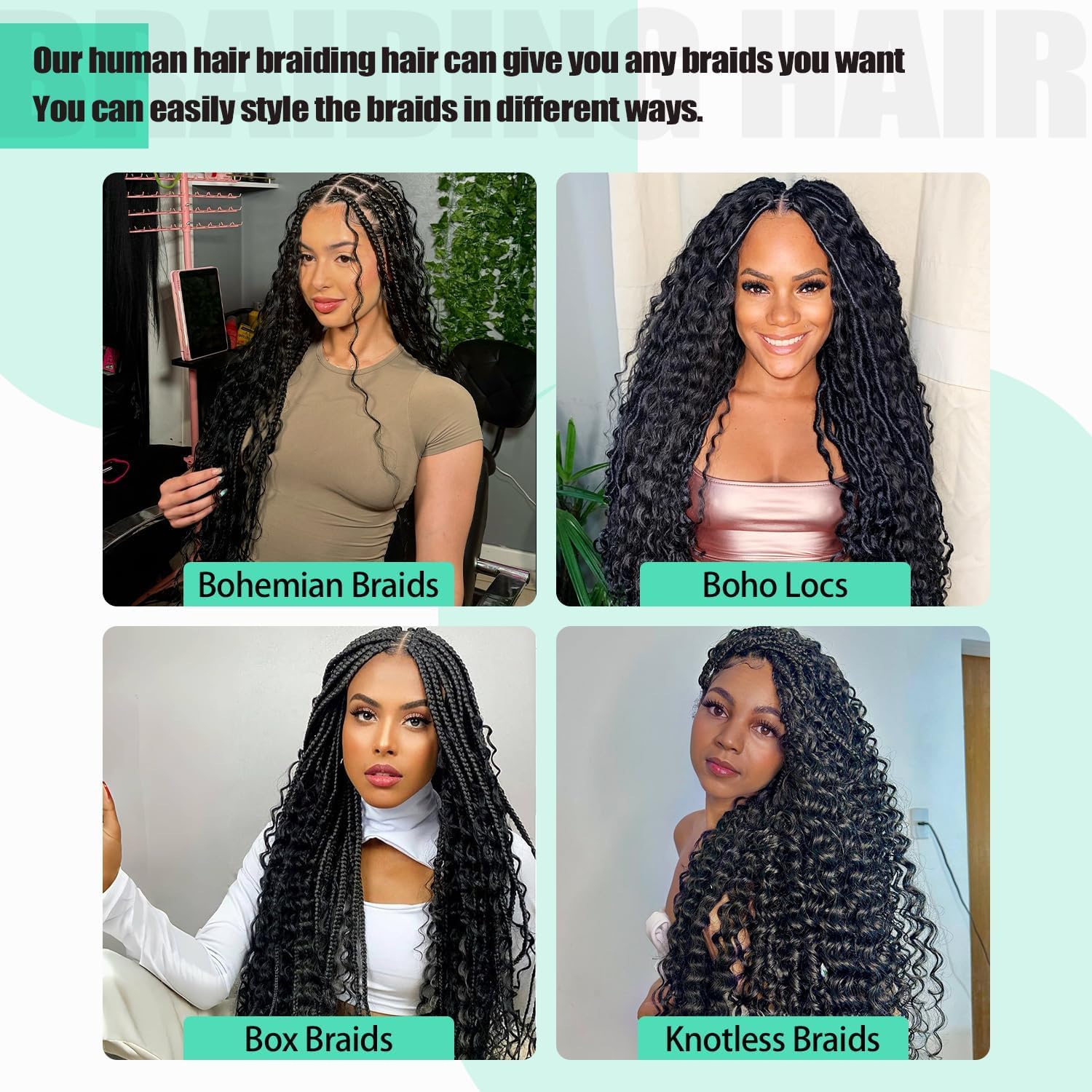 100% Virgin Human Hair Braiding Hair for Boho Braids, Bulk No-Weft