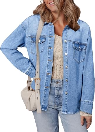 Sidefeel Women's Jean Jacket Casual Long Sleeve Button Down Oversized Denim Jacket Trendy Fall Outfits