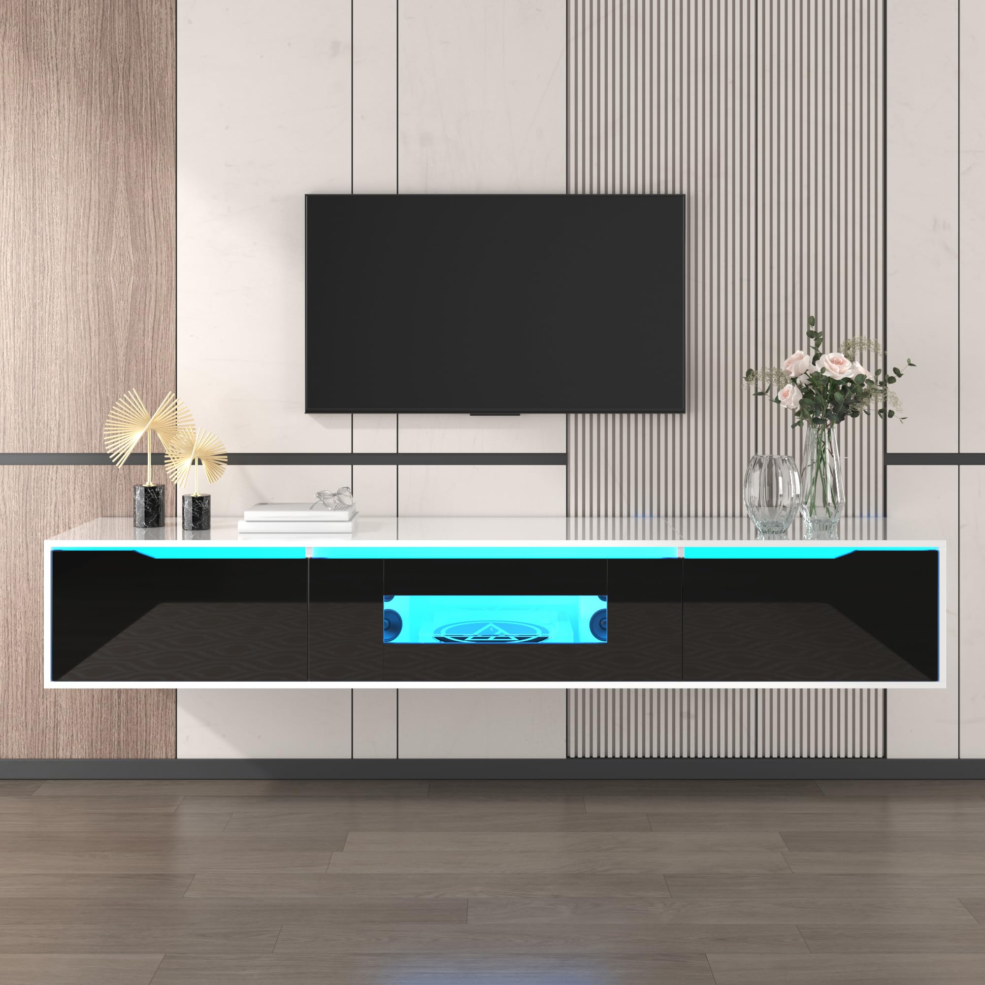 Merax Meuble TV avec éclairage LED - Meuble TV Moderne pour Salon et Salle à Manger - Noir + Blanc - 180 x 35 x 30 cm (L x l x H)