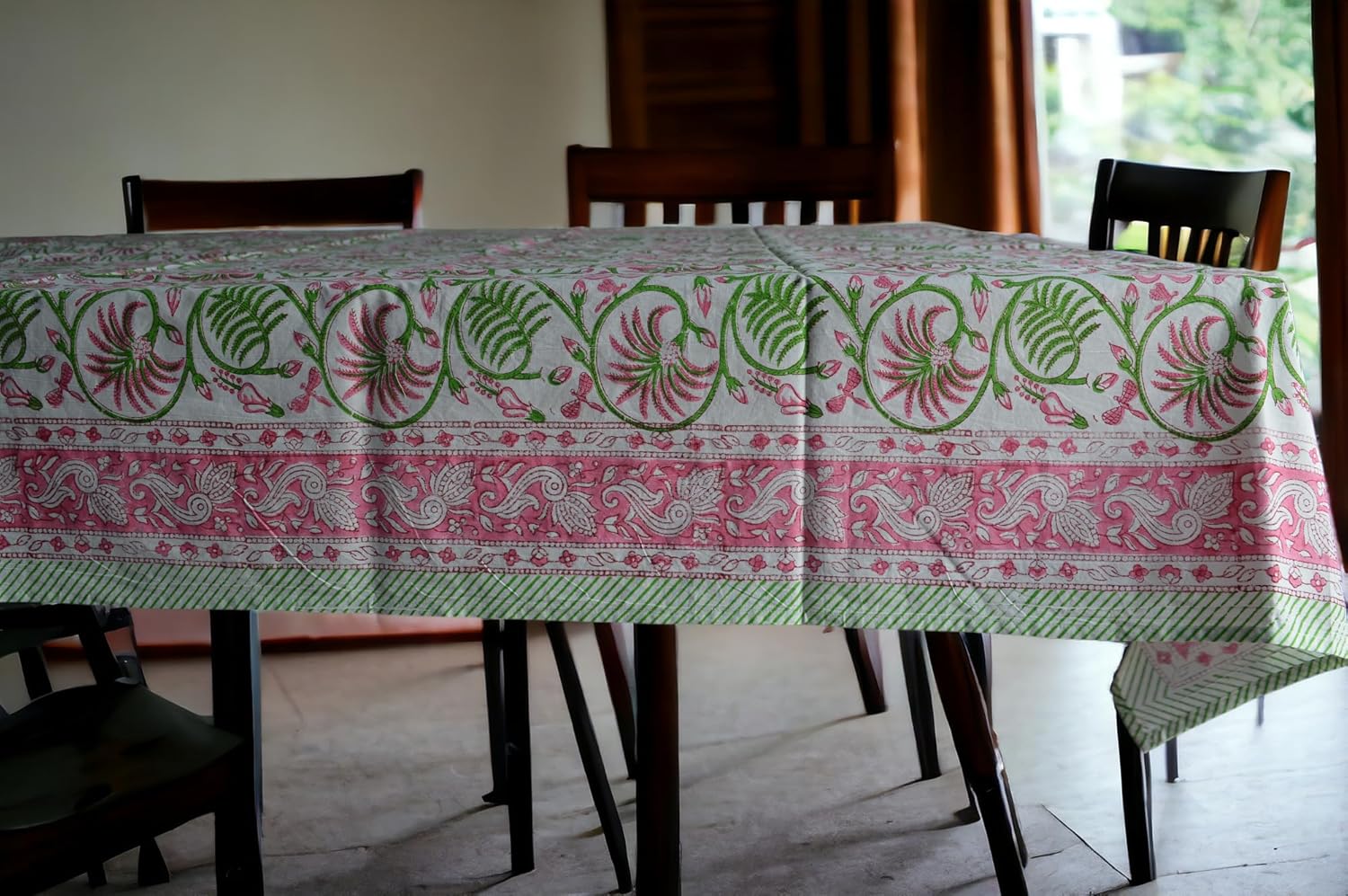 Block Print Cotton Tablecloth, 60 x 90 inches, Rectangular (Multi Pink)