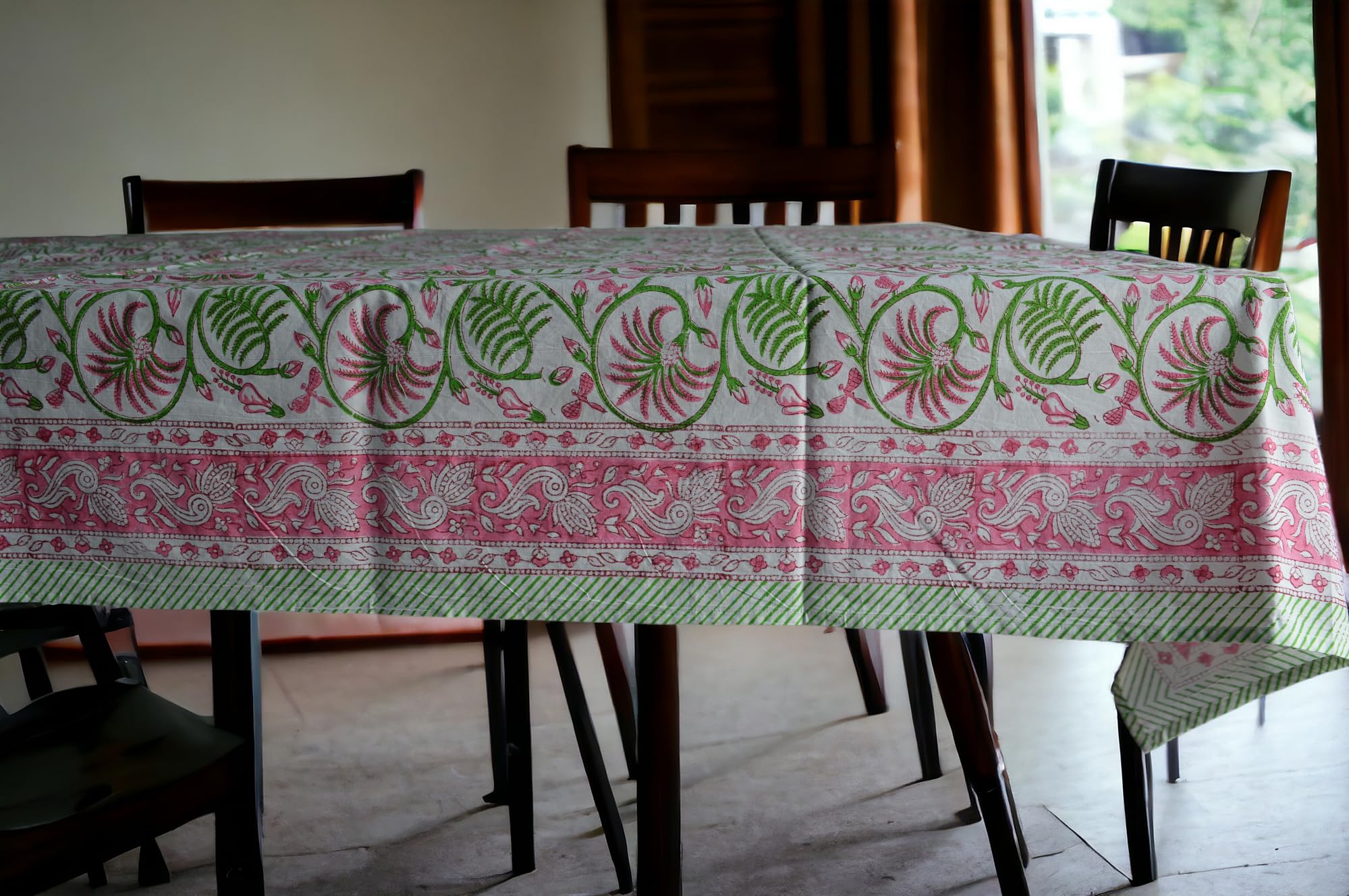 FABRIC VENUE ; A HOUSE OF INDIAN HANDICRAFTS Block Print Cotton Tablecloth, 60 x 90 inches, Rectangular (Multi Pink)